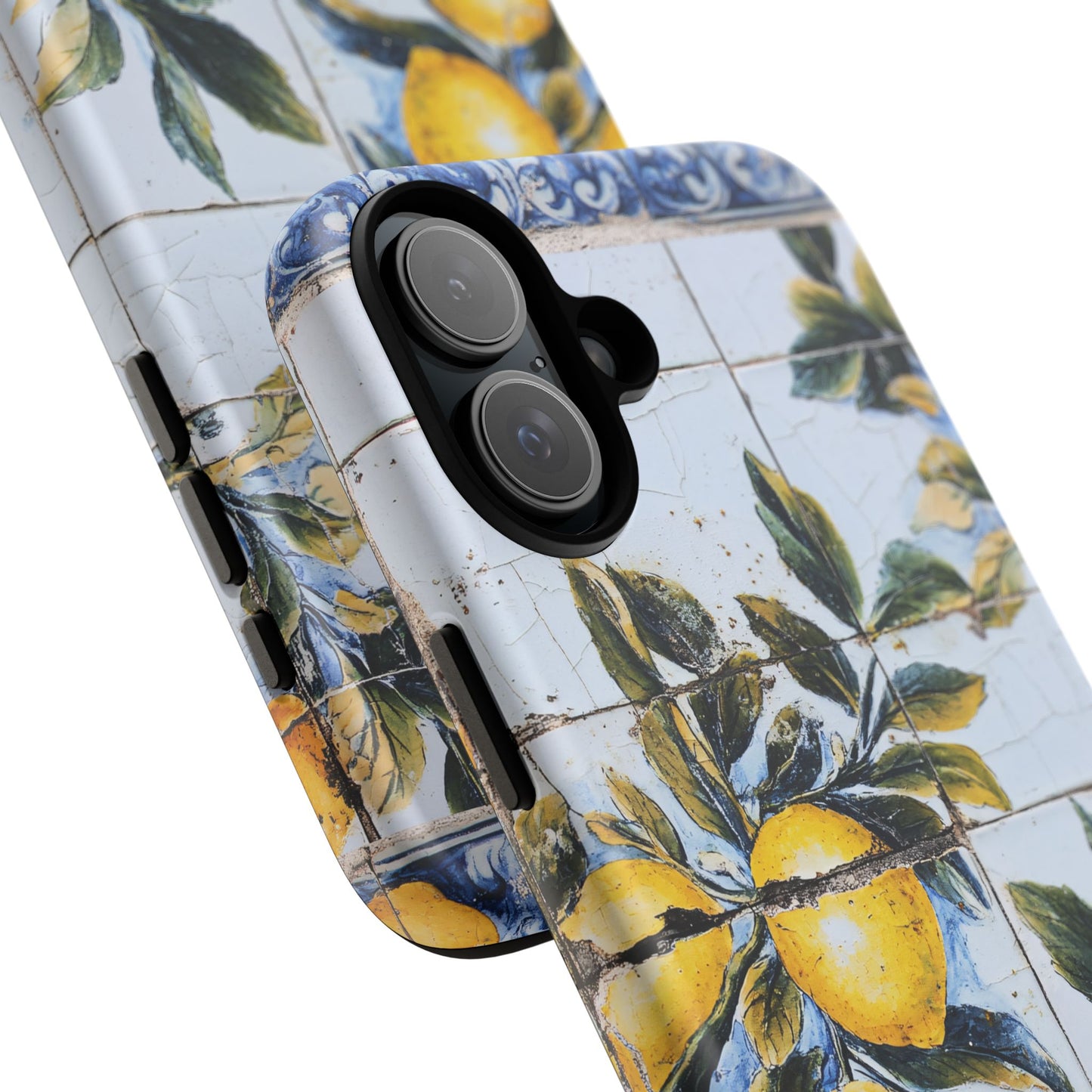 Phone Case, Coastal Tough Case With Lemons in Distressed Ceramic Tile Design, Protective Cover, Summer Accessory, Mediterranean Style iPhone