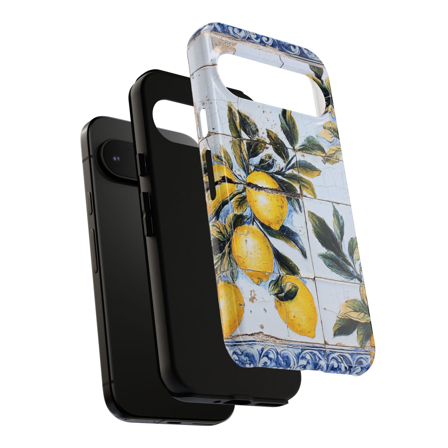 Phone Case, Coastal Tough Case With Lemons in Distressed Ceramic Tile Design, Protective Cover, Summer Accessory, Mediterranean Style iPhone