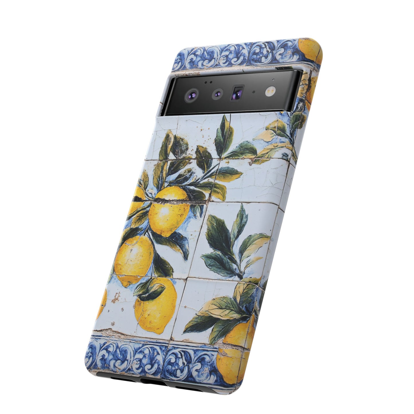 Phone Case, Coastal Tough Case With Lemons in Distressed Ceramic Tile Design, Protective Cover, Summer Accessory, Mediterranean Style iPhone