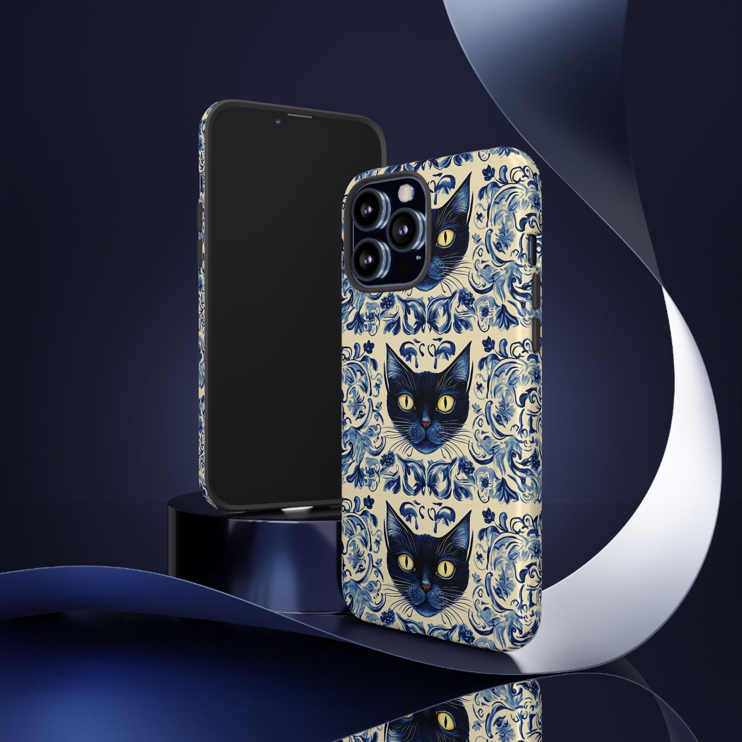 Tough Phone Case - Mediterranean Tile Motif With Blue Cats