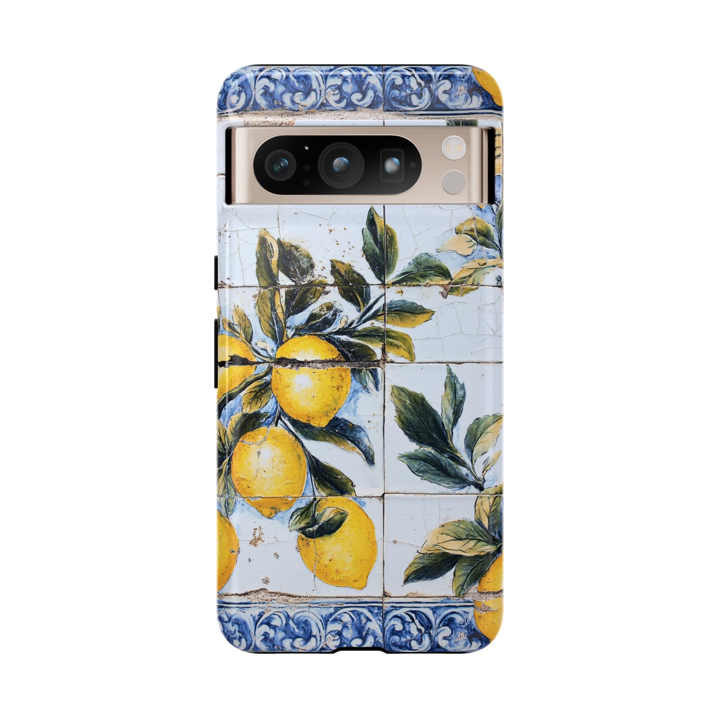 Phone Case, Coastal Tough Case With Lemons in Distressed Ceramic Tile Design, Protective Cover, Summer Accessory, Mediterranean Style iPhone