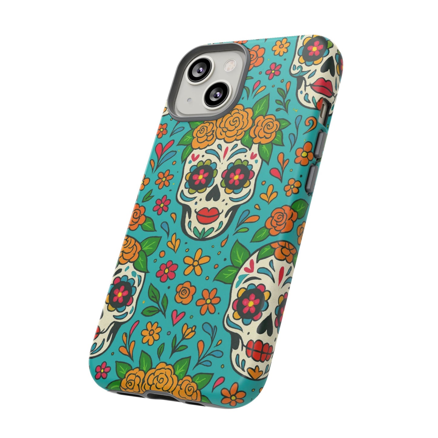 Teal Mexican Style Phone Cases With Floral Skulls - Dia De Los Muertos