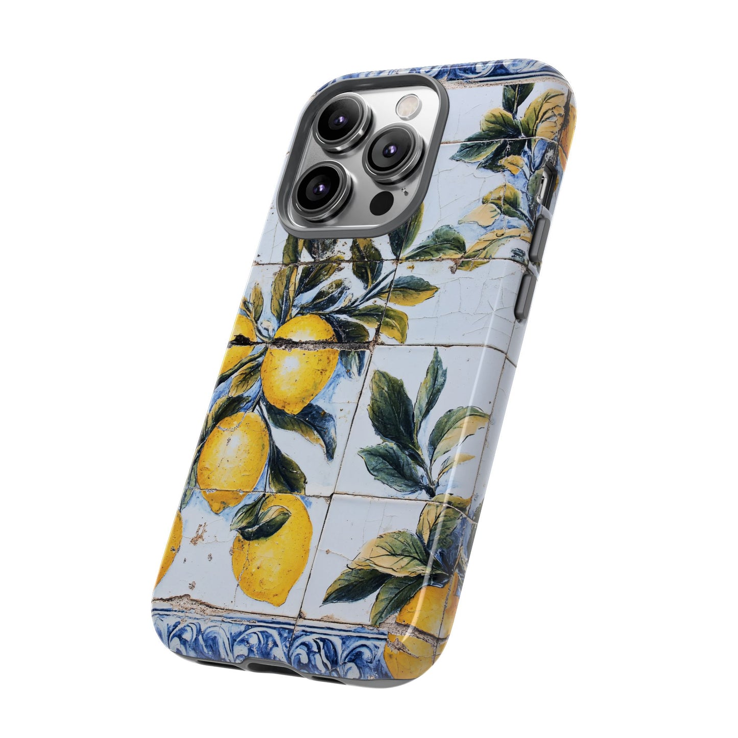 Phone Case, Coastal Tough Case With Lemons in Distressed Ceramic Tile Design, Protective Cover, Summer Accessory, Mediterranean Style iPhone