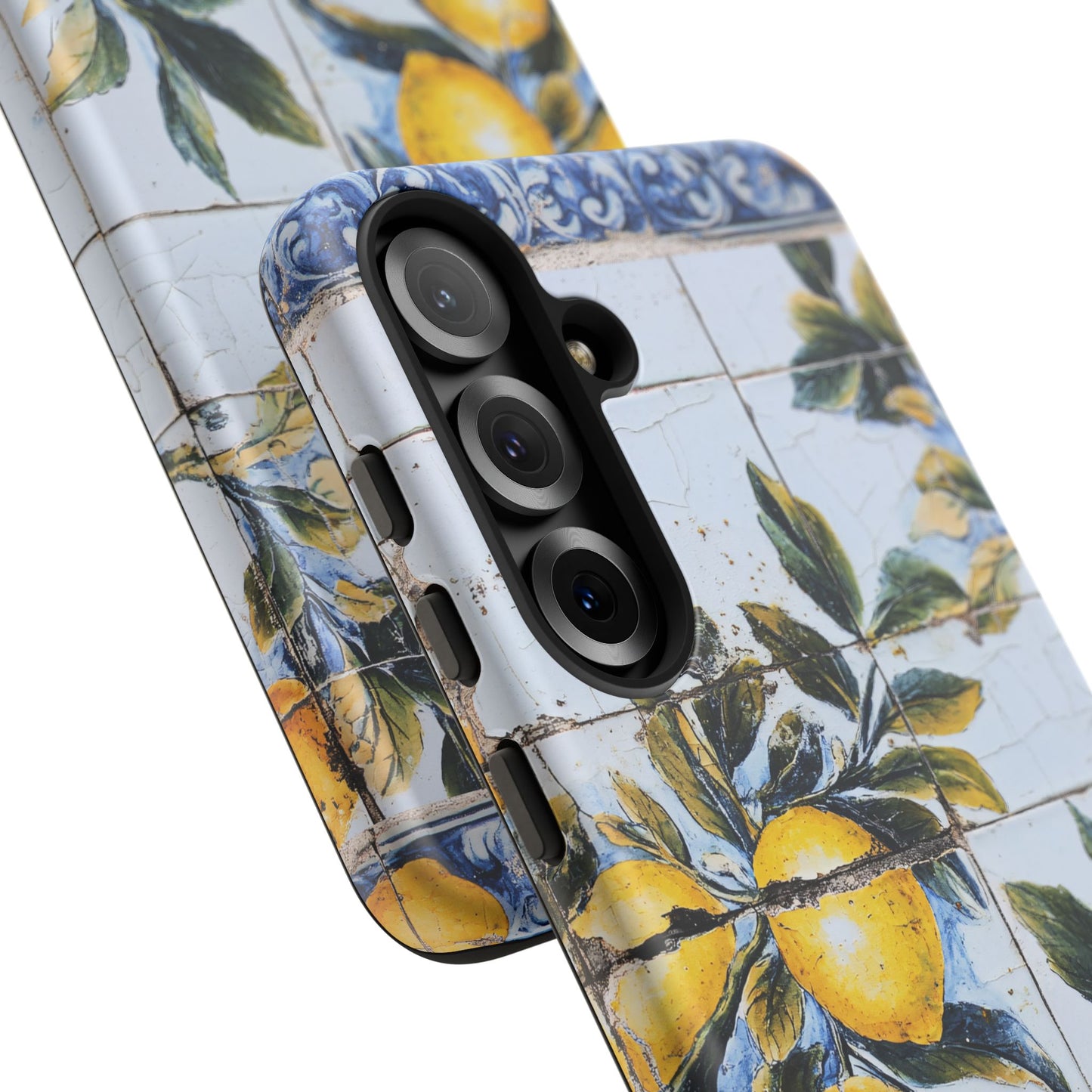Phone Case, Coastal Tough Case With Lemons in Distressed Ceramic Tile Design, Protective Cover, Summer Accessory, Mediterranean Style iPhone