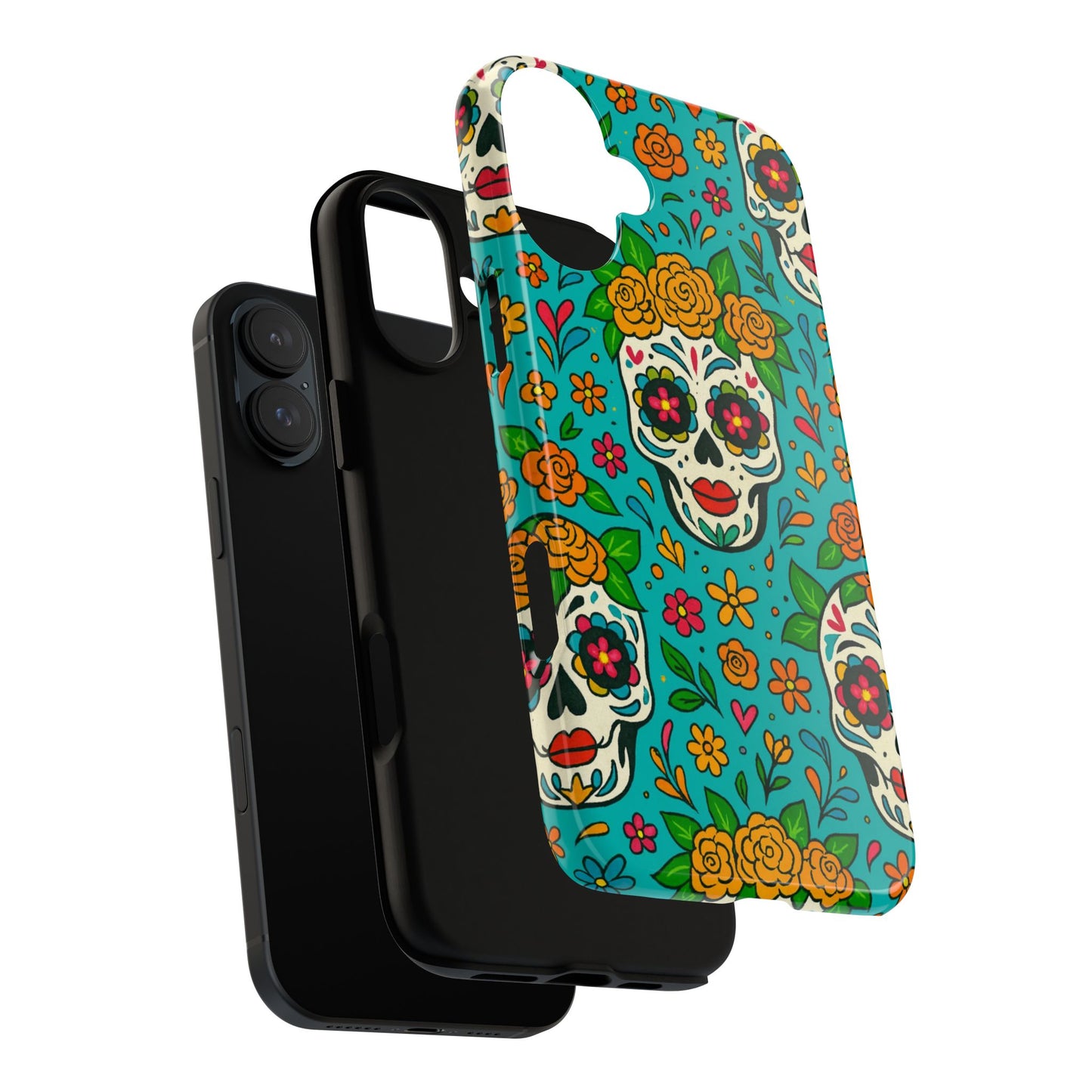 Teal Mexican Style Phone Cases With Floral Skulls - Dia De Los Muertos