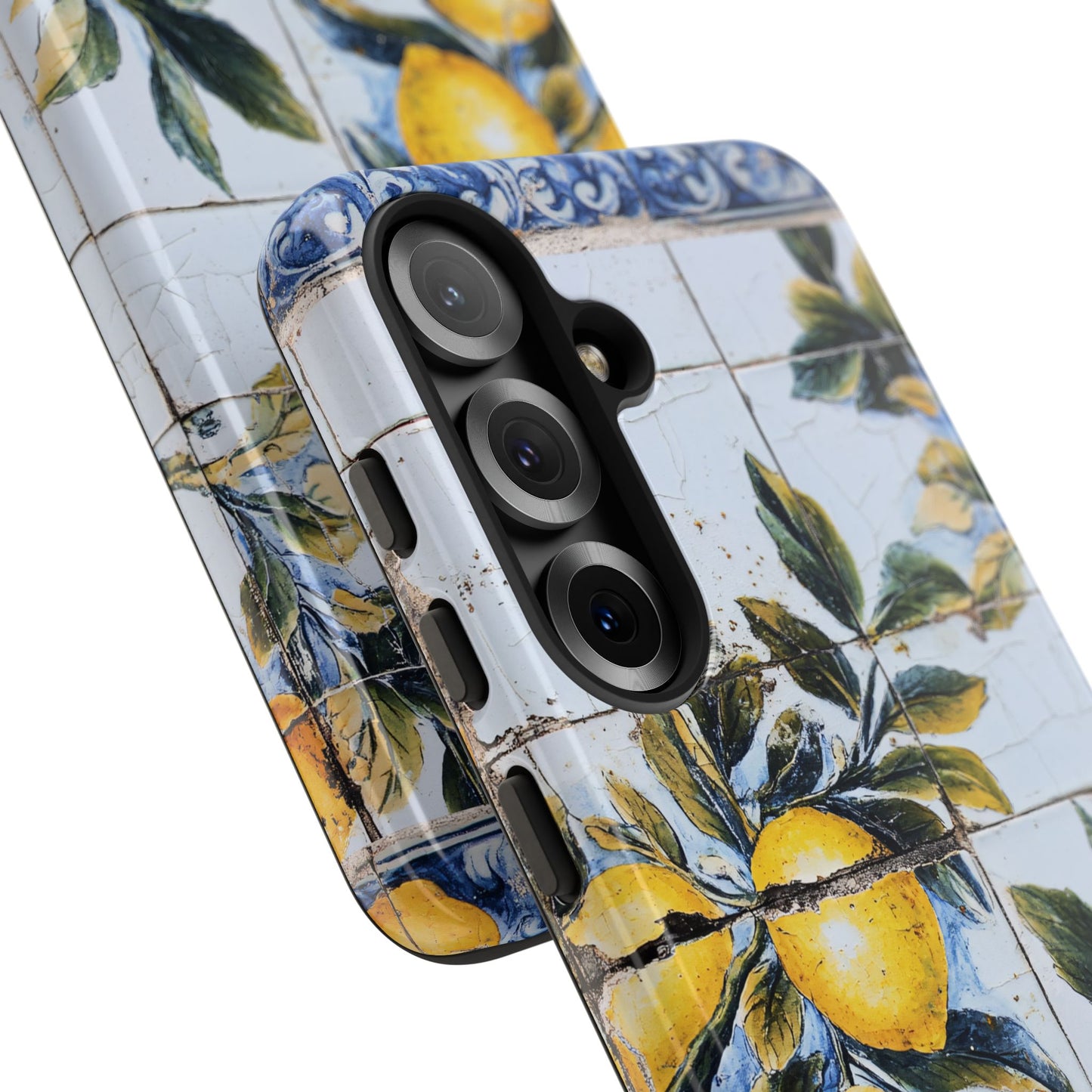Phone Case, Coastal Tough Case With Lemons in Distressed Ceramic Tile Design, Protective Cover, Summer Accessory, Mediterranean Style iPhone
