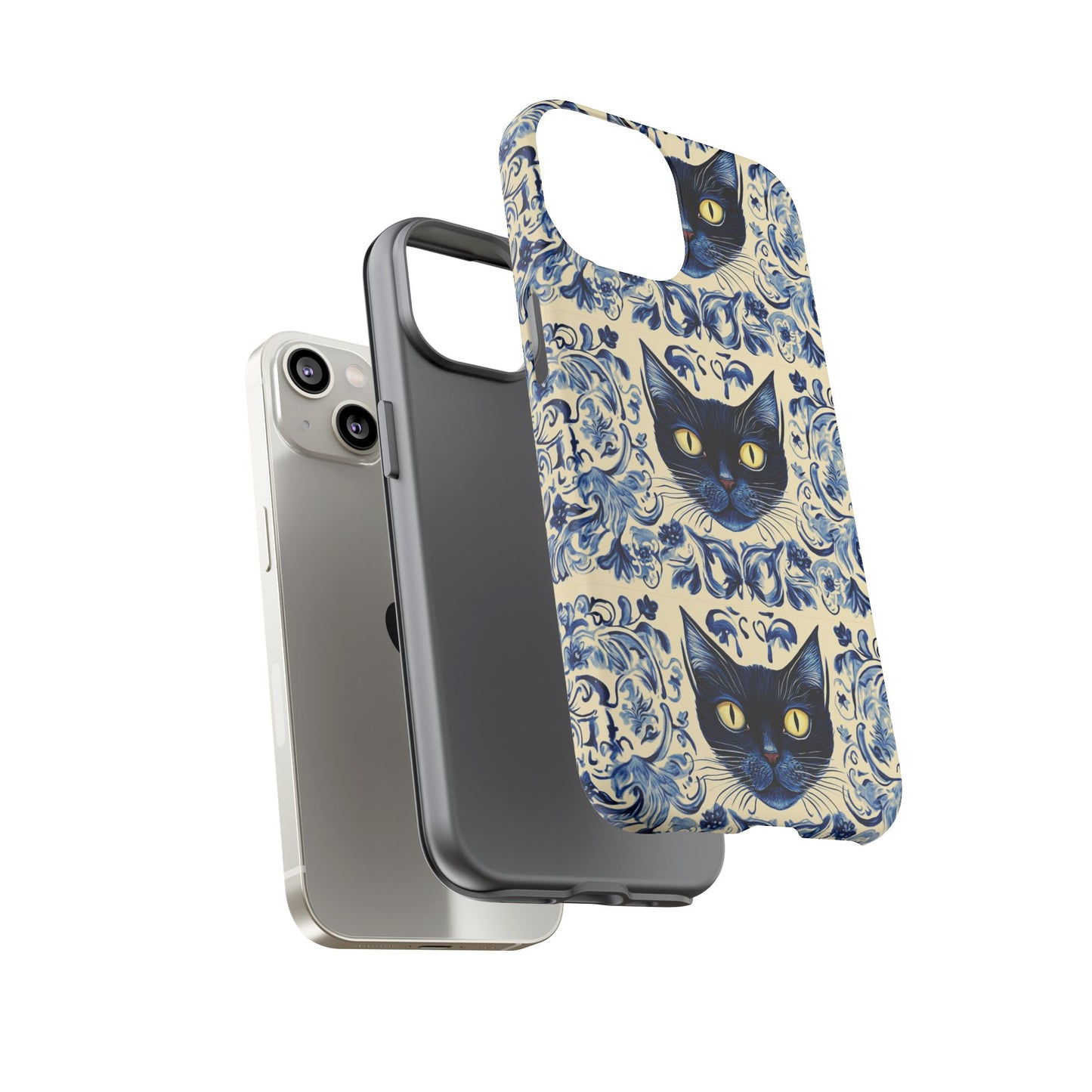 Tough Phone Case - Mediterranean Tile Motif With Blue Cats
