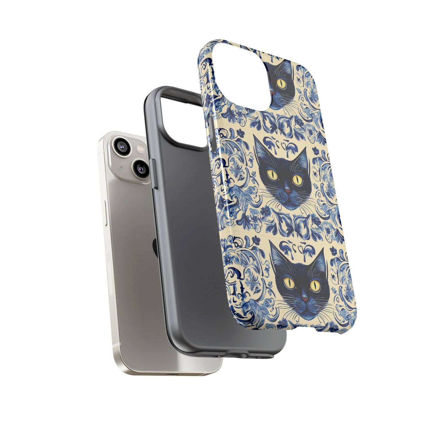 Tough Phone Case - Mediterranean Tile Motif With Blue Cats