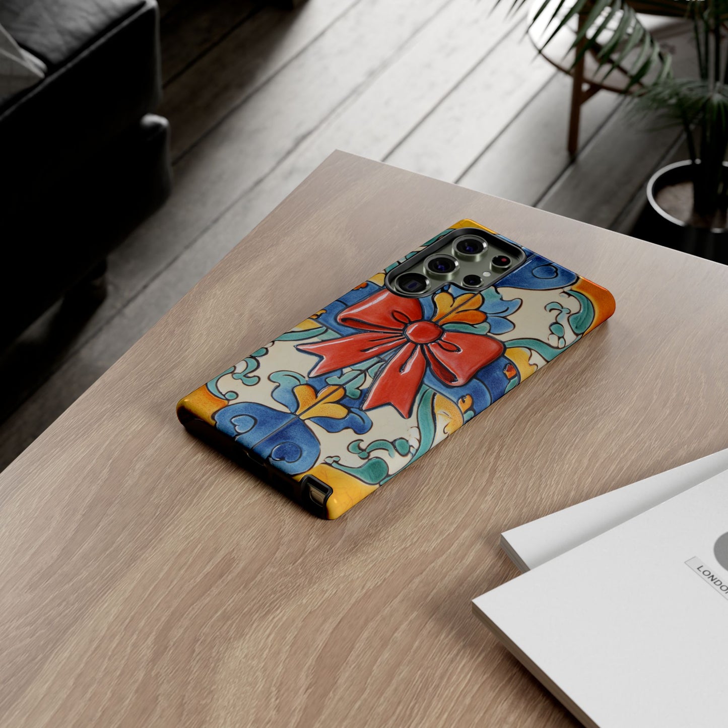 Colourful Ceramic Tile Design Phone Case With Red Bow