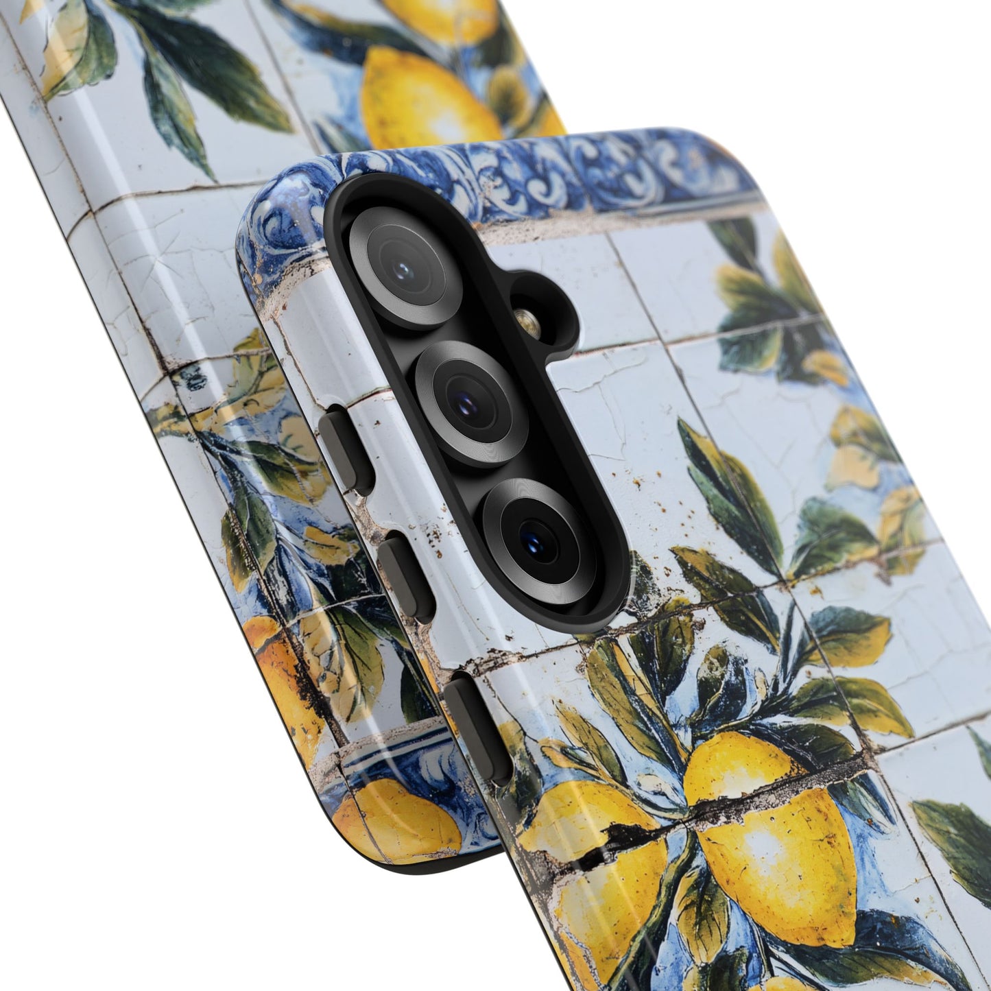 Phone Case, Coastal Tough Case With Lemons in Distressed Ceramic Tile Design, Protective Cover, Summer Accessory, Mediterranean Style iPhone