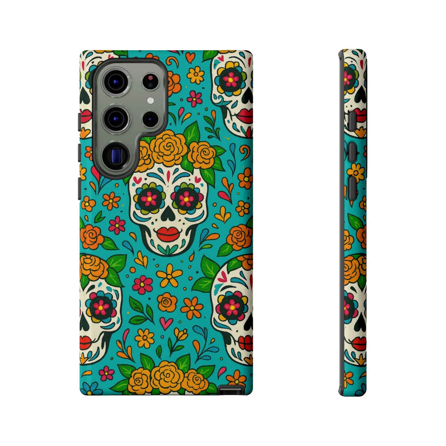 Teal Mexican Style Phone Cases With Floral Skulls - Dia De Los Muertos