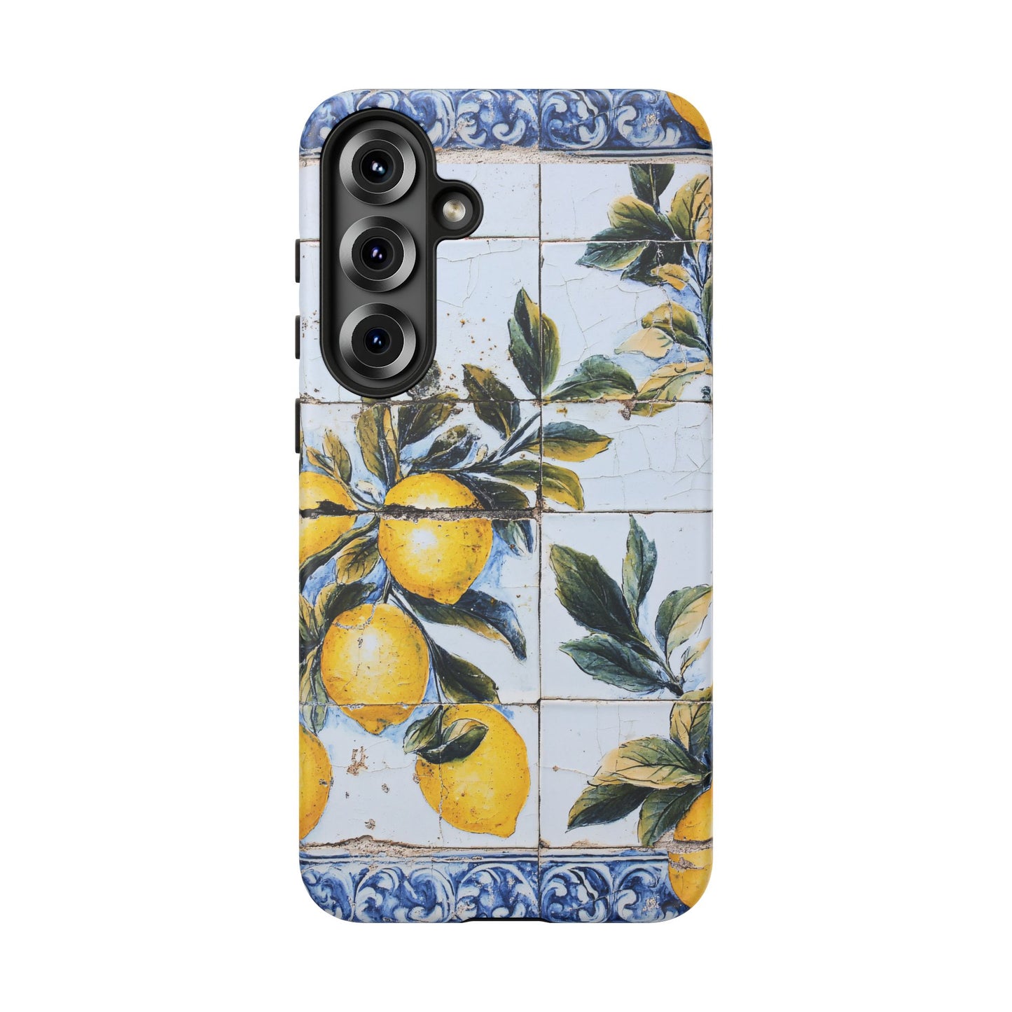 Phone Case, Coastal Tough Case With Lemons in Distressed Ceramic Tile Design, Protective Cover, Summer Accessory, Mediterranean Style iPhone