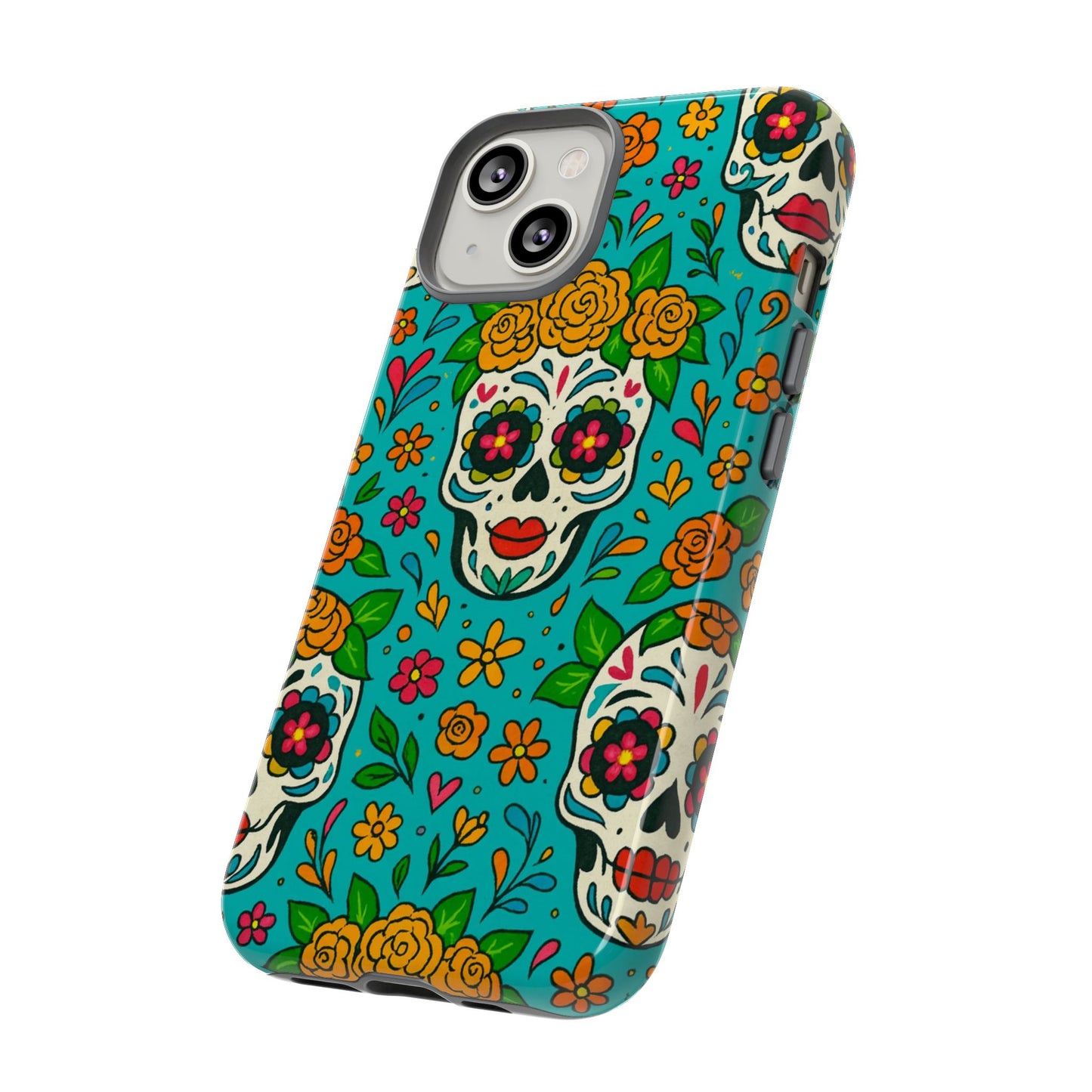 Teal Mexican Style Phone Cases With Floral Skulls - Dia De Los Muertos