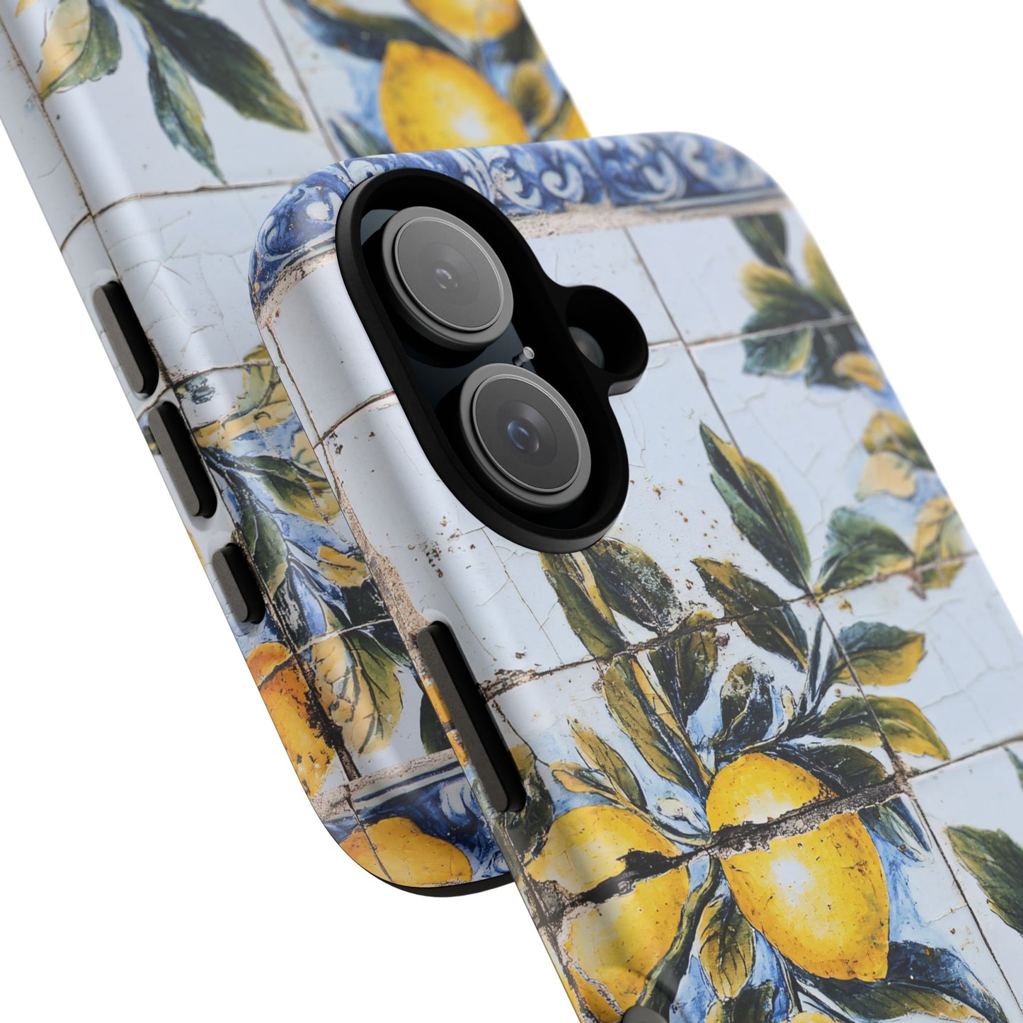 Phone Case, Coastal Tough Case With Lemons in Distressed Ceramic Tile Design, Protective Cover, Summer Accessory, Mediterranean Style iPhone