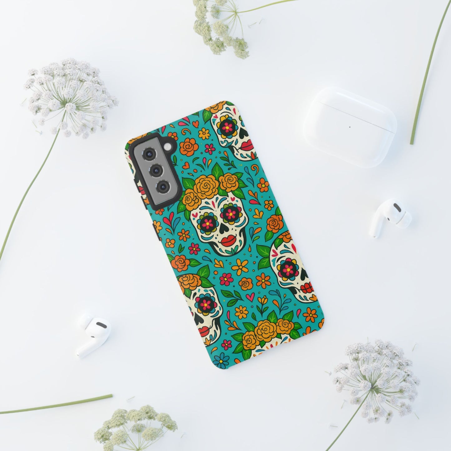 Teal Mexican Style Phone Cases With Floral Skulls - Dia De Los Muertos