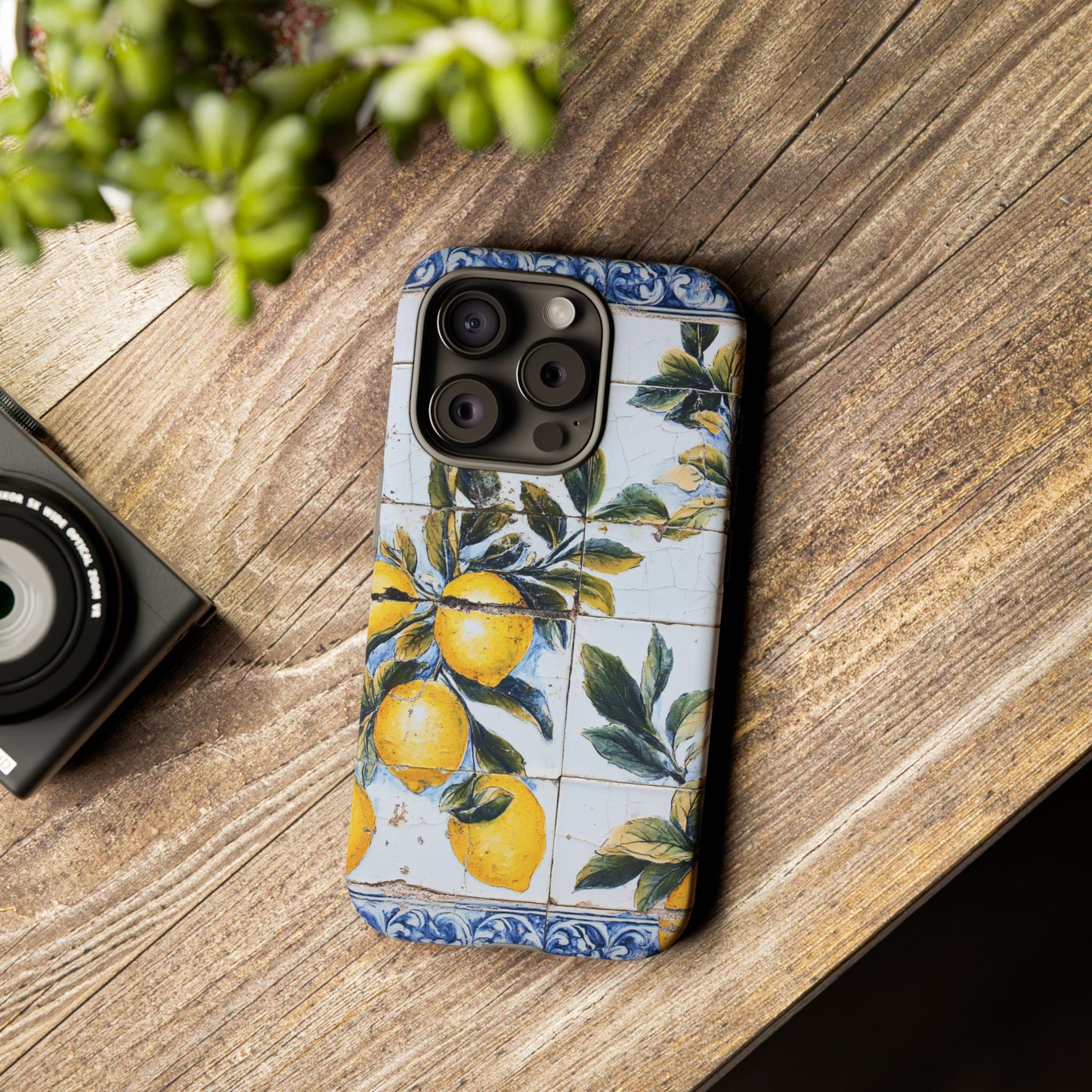 Phone Case, Coastal Tough Case With Lemons in Distressed Ceramic Tile Design, Protective Cover, Summer Accessory, Mediterranean Style iPhone