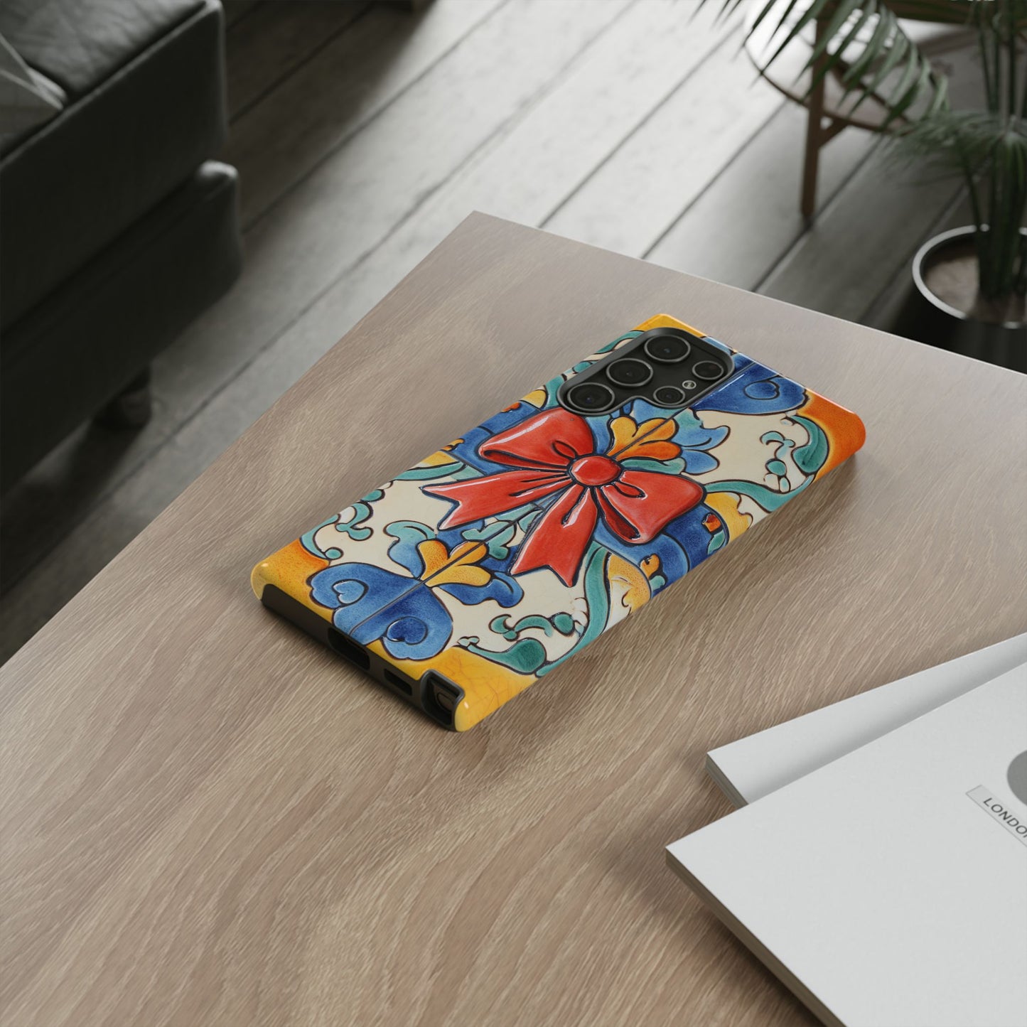 Colourful Ceramic Tile Design Phone Case With Red Bow