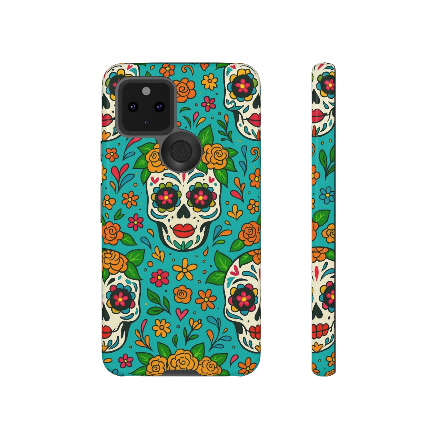 Teal Mexican Style Phone Cases With Floral Skulls - Dia De Los Muertos