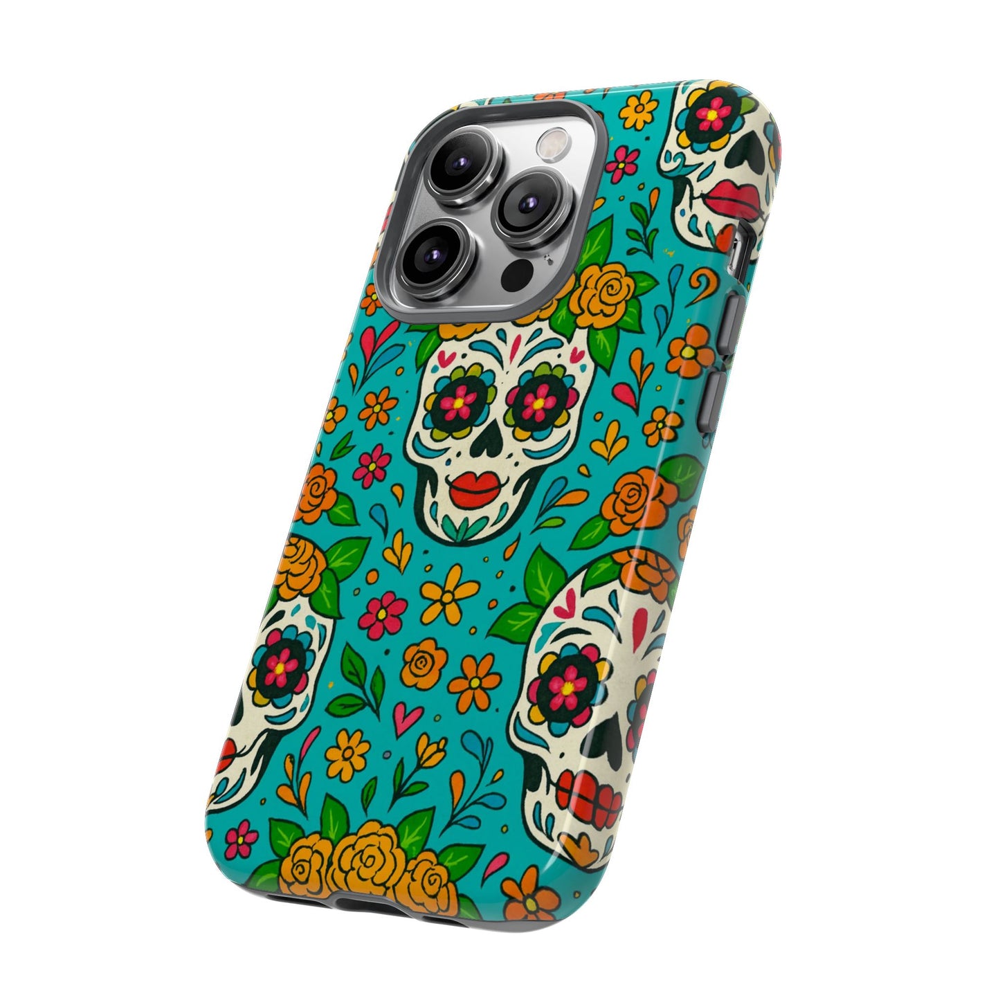 Teal Mexican Style Phone Cases With Floral Skulls - Dia De Los Muertos