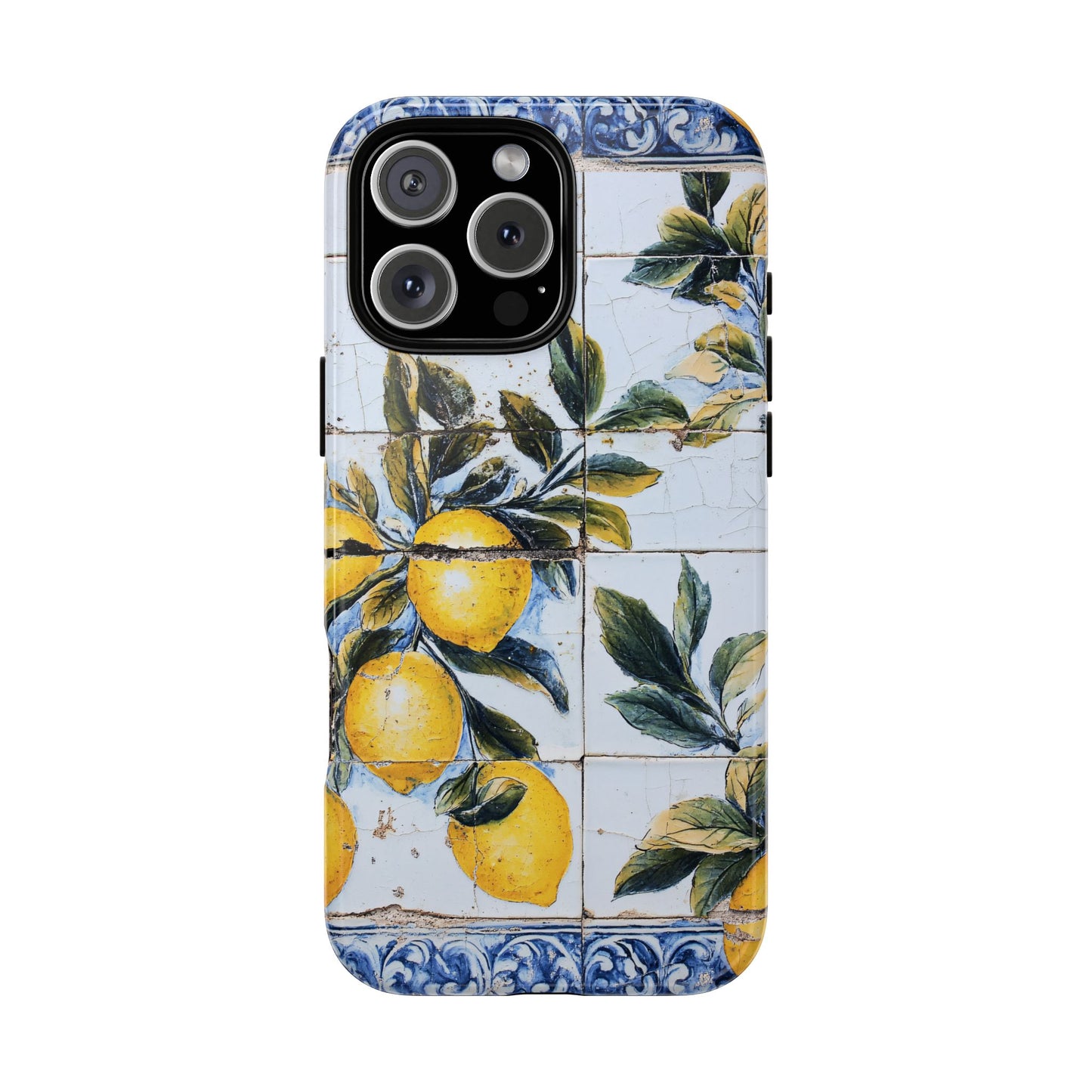 Phone Case, Coastal Tough Case With Lemons in Distressed Ceramic Tile Design, Protective Cover, Summer Accessory, Mediterranean Style iPhone