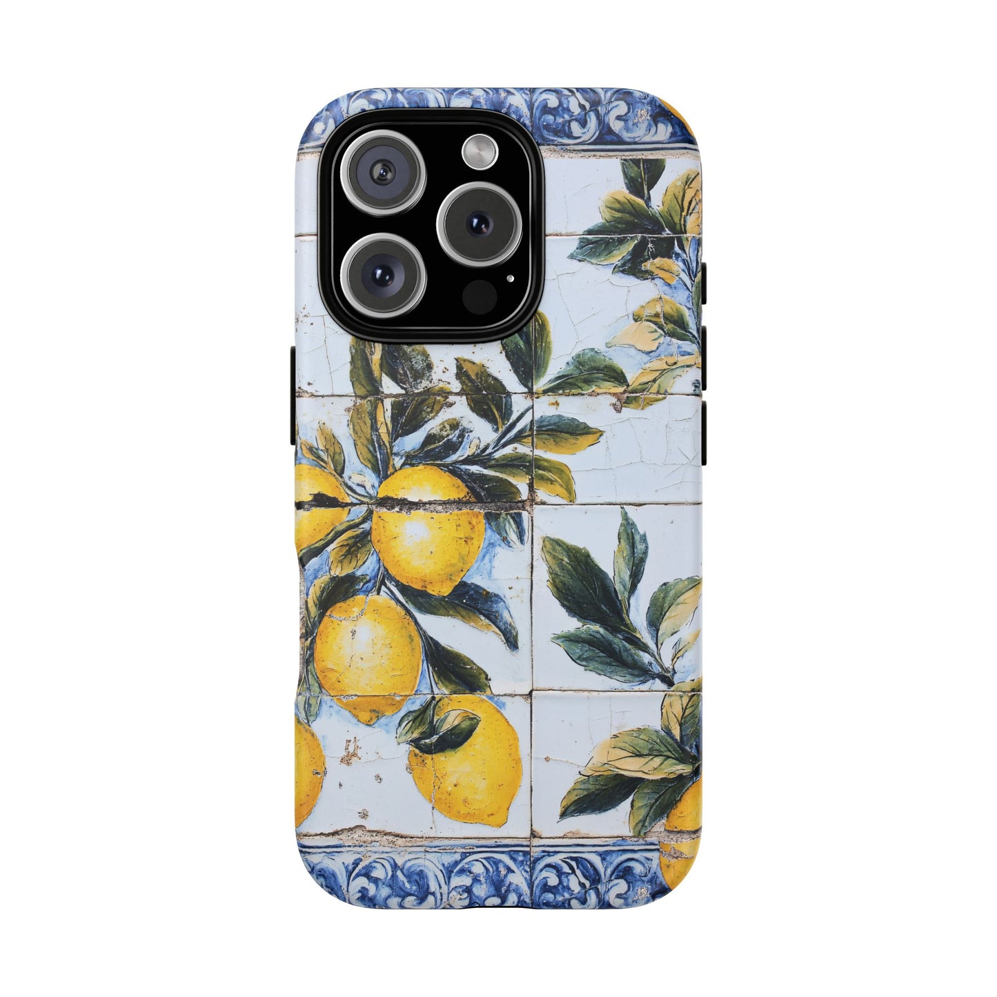 Phone Case, Coastal Tough Case With Lemons in Distressed Ceramic Tile Design, Protective Cover, Summer Accessory, Mediterranean Style iPhone