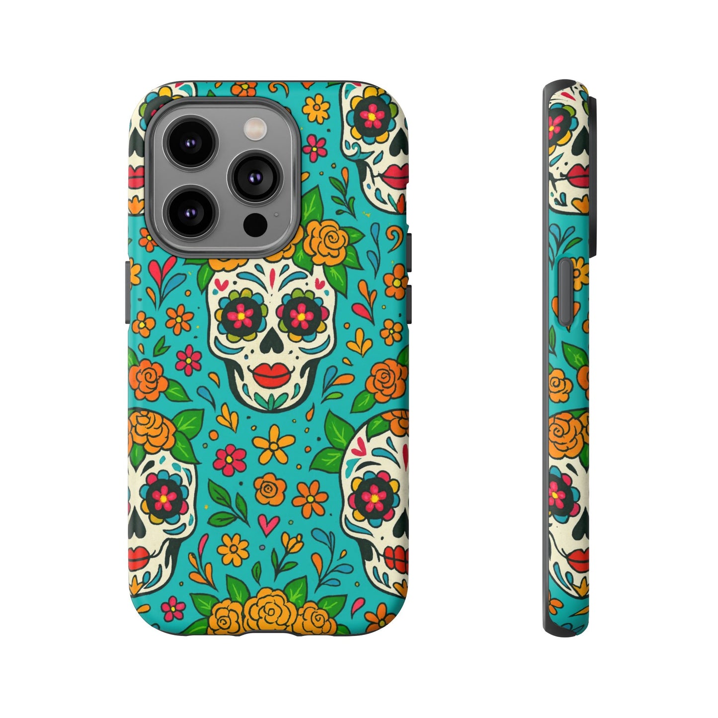 Teal Mexican Style Phone Cases With Floral Skulls - Dia De Los Muertos