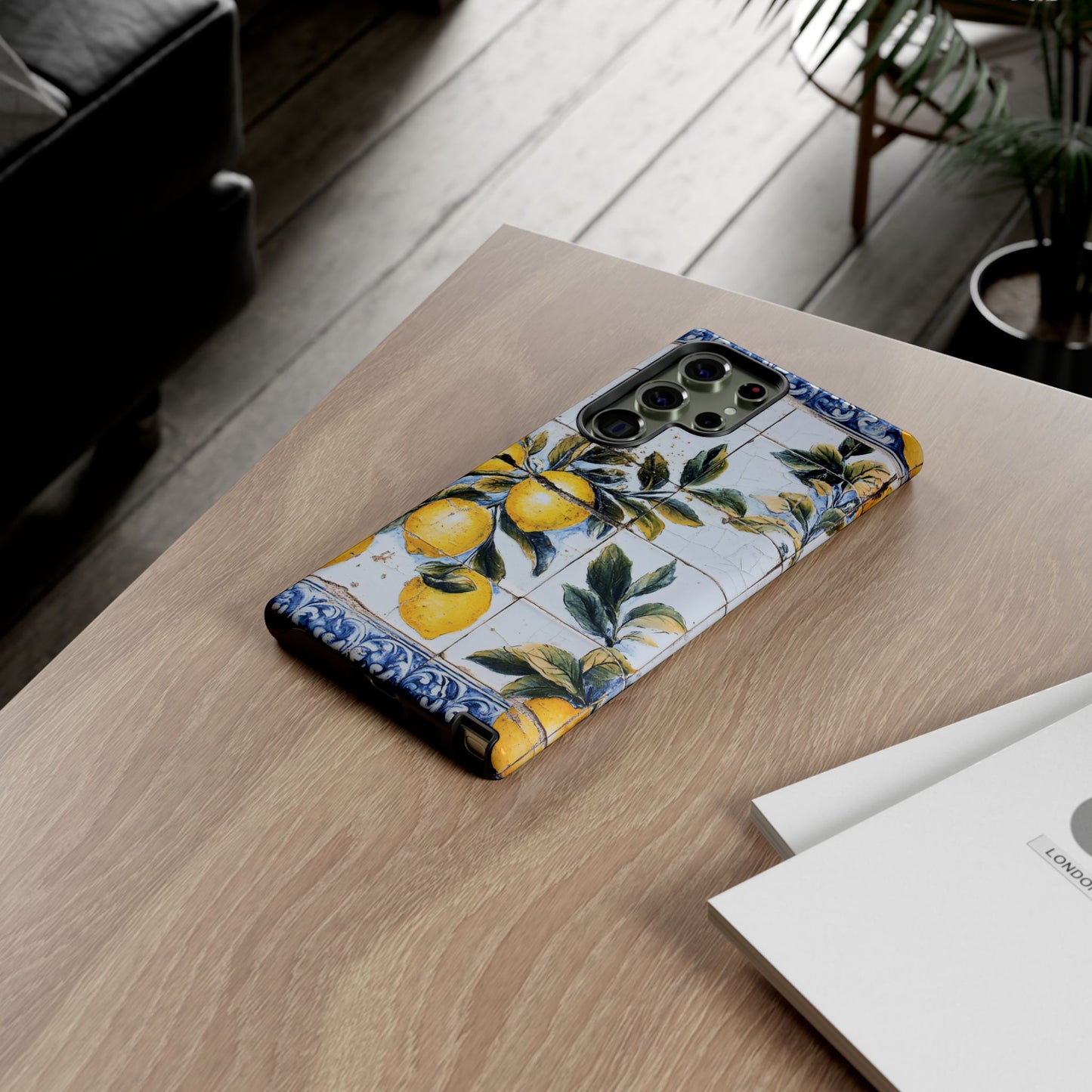 Phone Case, Coastal Tough Case With Lemons in Distressed Ceramic Tile Design, Protective Cover, Summer Accessory, Mediterranean Style iPhone