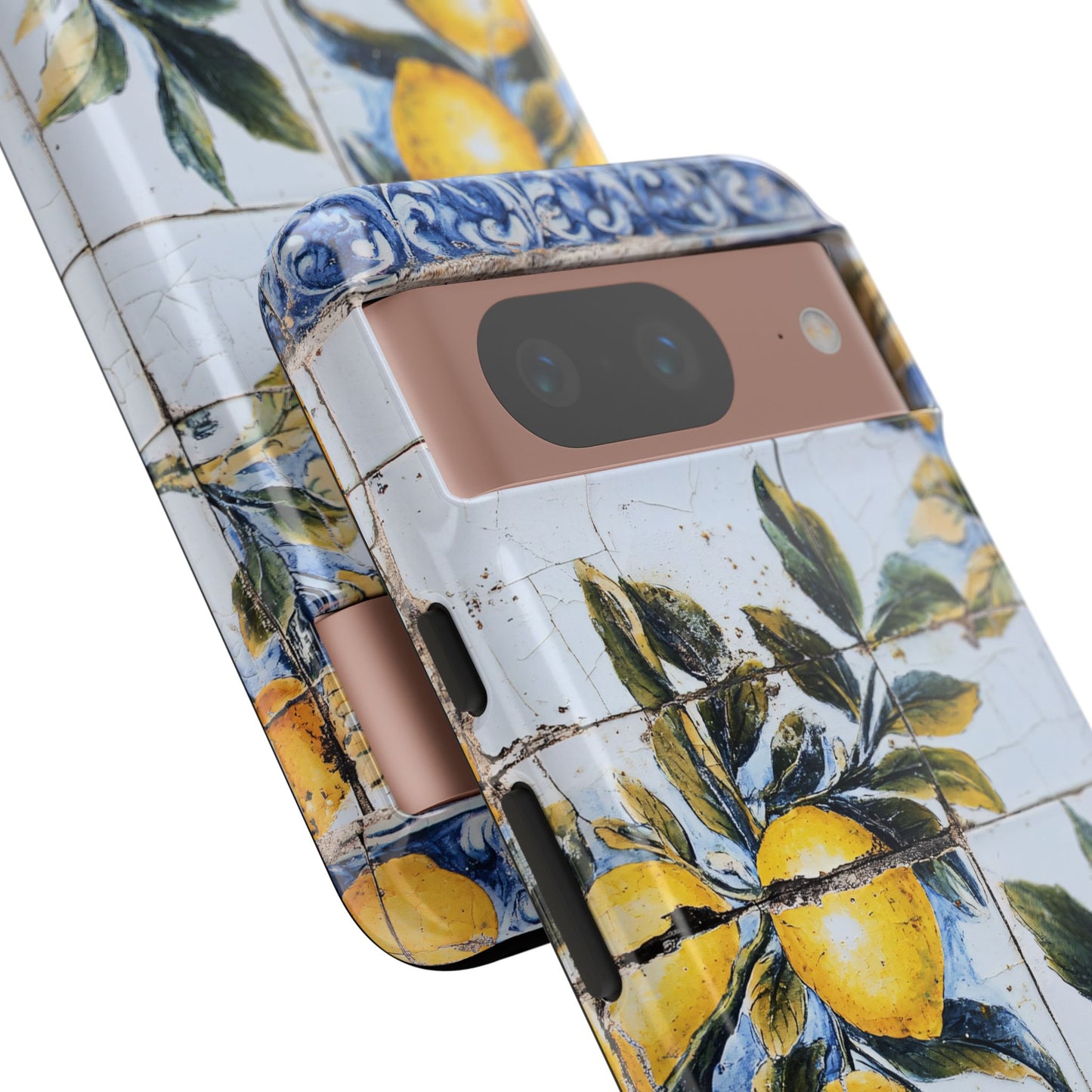 Phone Case, Coastal Tough Case With Lemons in Distressed Ceramic Tile Design, Protective Cover, Summer Accessory, Mediterranean Style iPhone