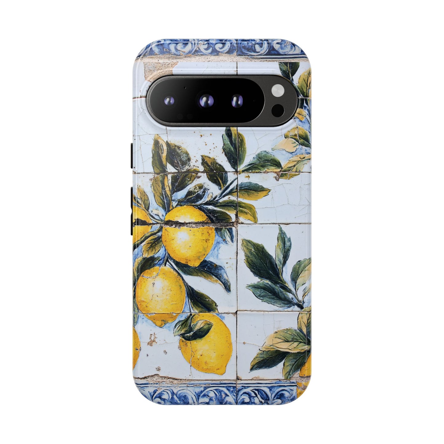 Phone Case, Coastal Tough Case With Lemons in Distressed Ceramic Tile Design, Protective Cover, Summer Accessory, Mediterranean Style iPhone