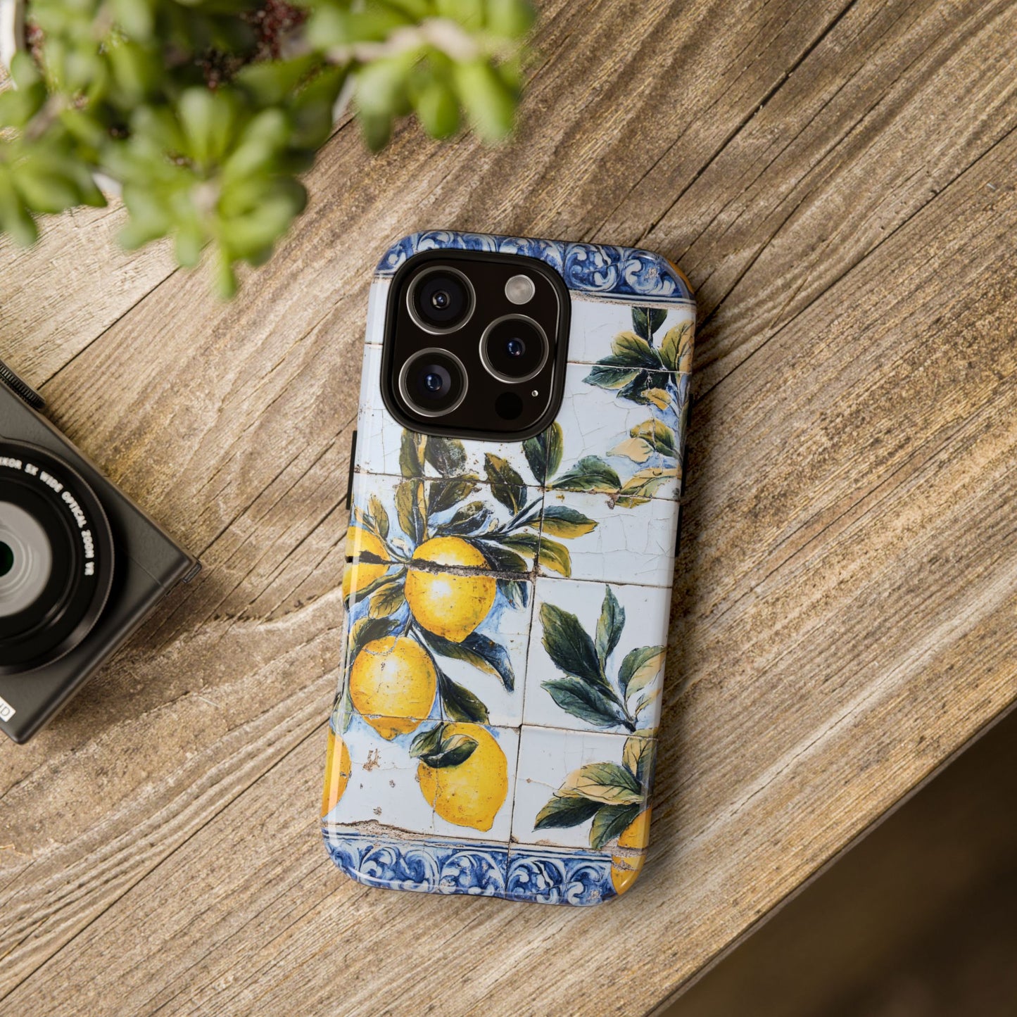 Phone Case, Coastal Tough Case With Lemons in Distressed Ceramic Tile Design, Protective Cover, Summer Accessory, Mediterranean Style iPhone