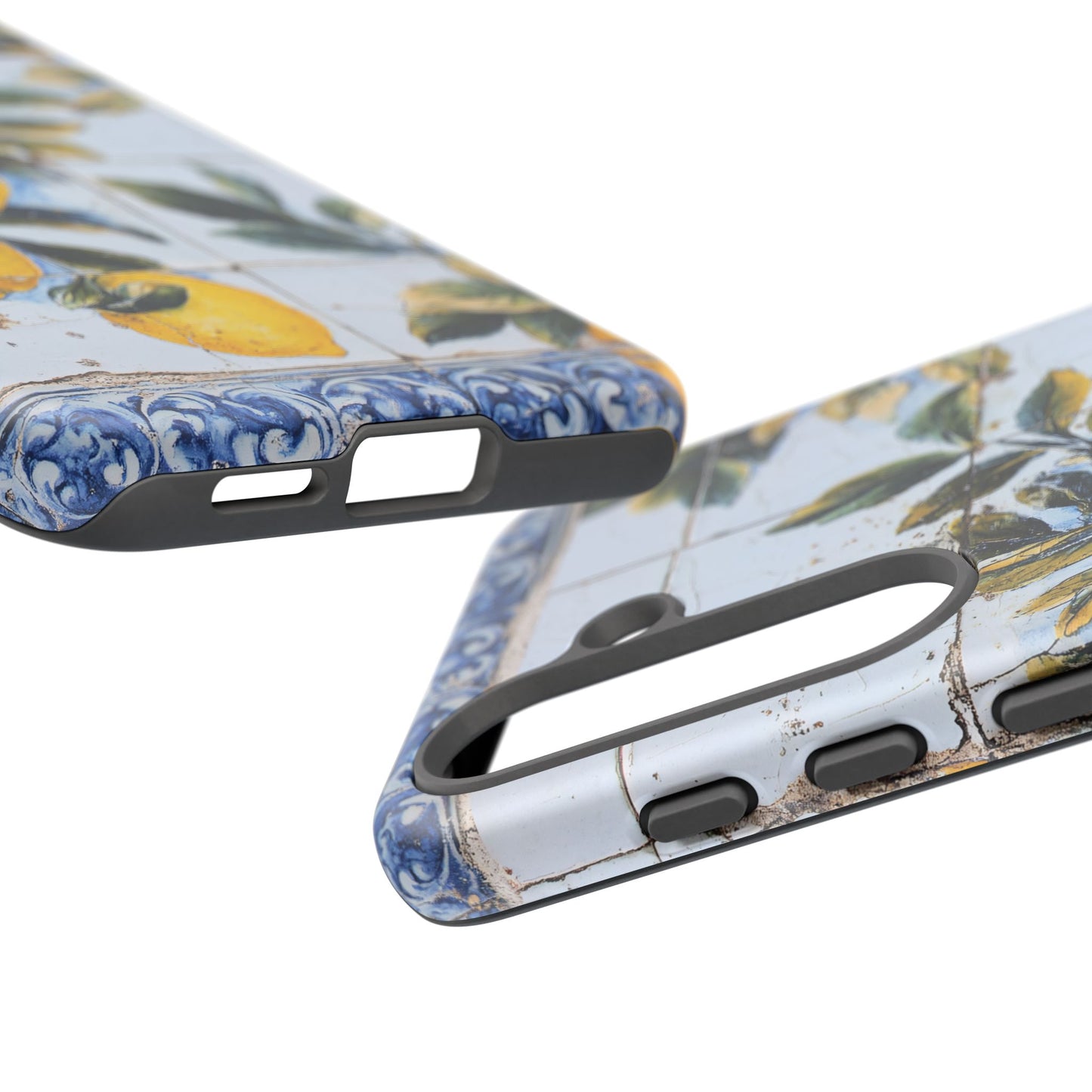 Phone Case, Coastal Tough Case With Lemons in Distressed Ceramic Tile Design, Protective Cover, Summer Accessory, Mediterranean Style iPhone