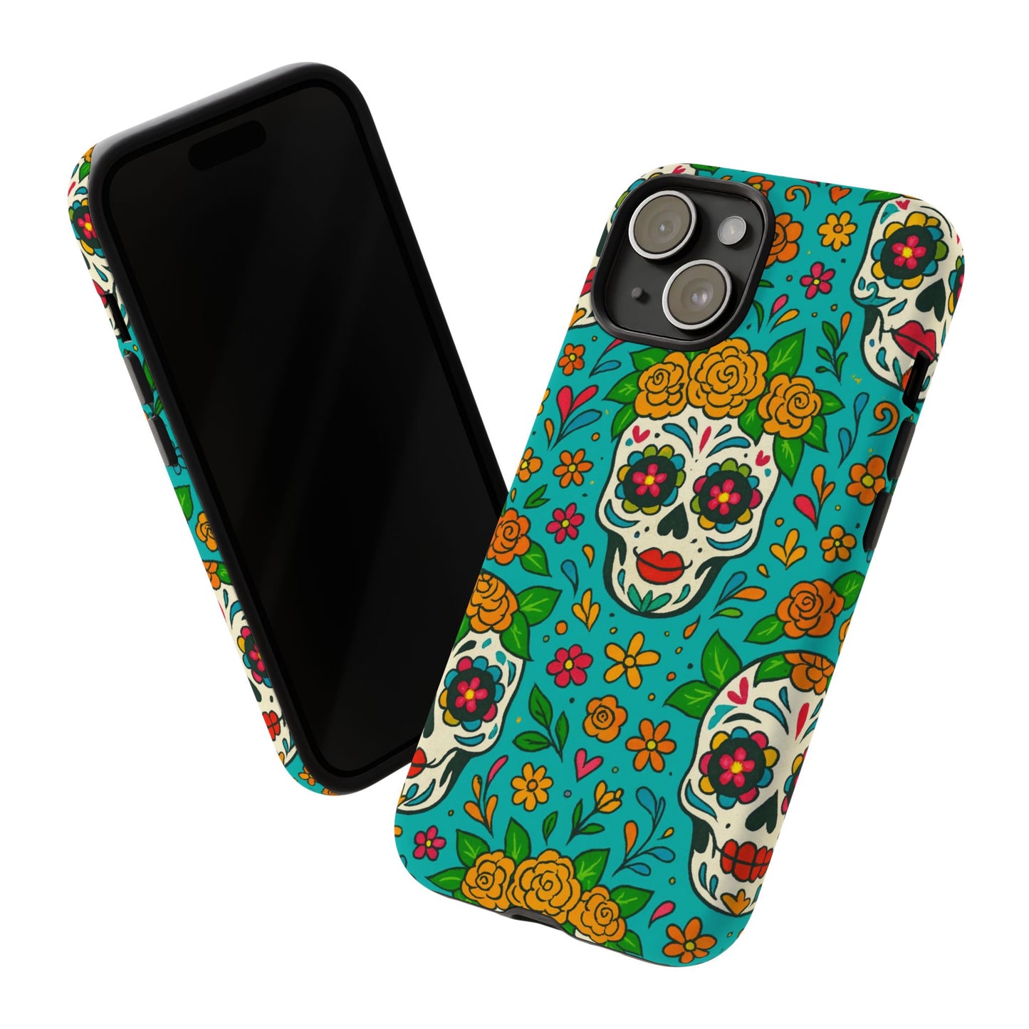 Teal Mexican Style Phone Cases With Floral Skulls - Dia De Los Muertos