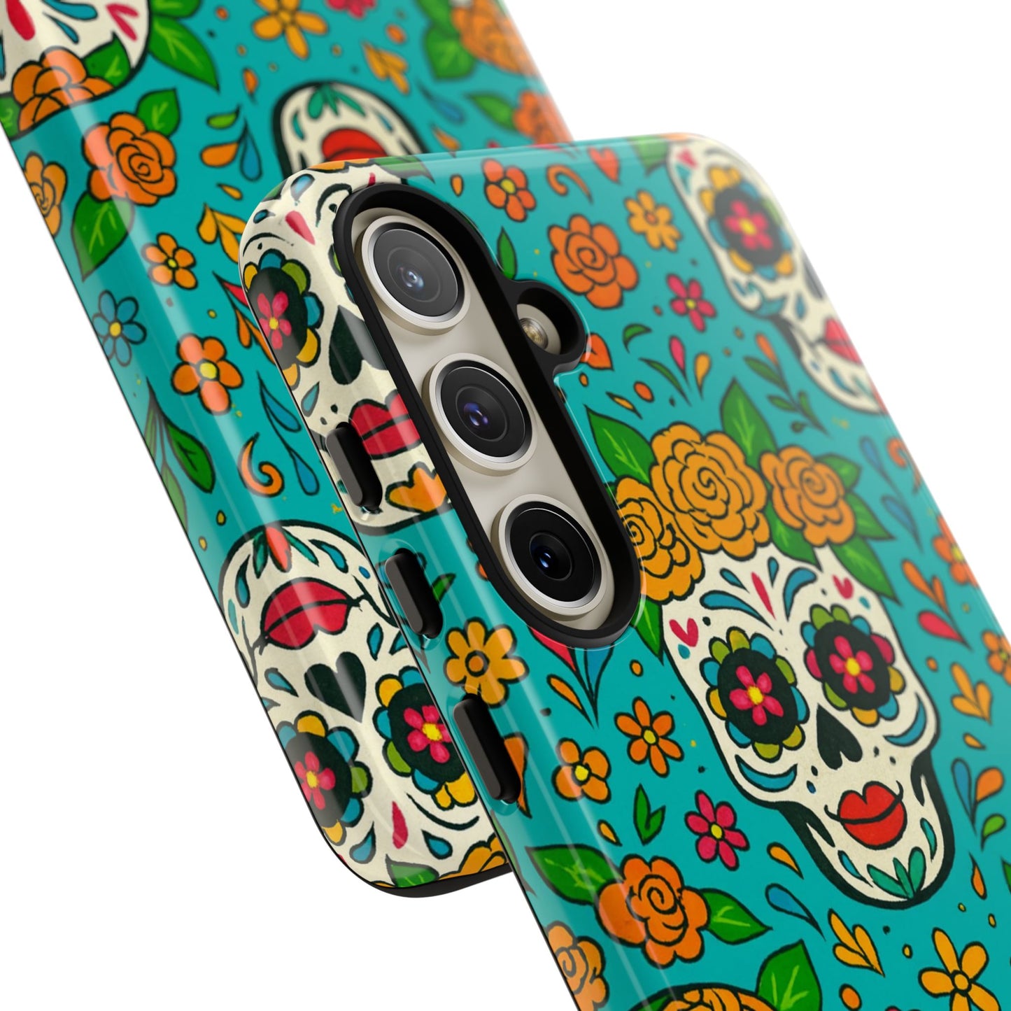 Teal Mexican Style Phone Cases With Floral Skulls - Dia De Los Muertos