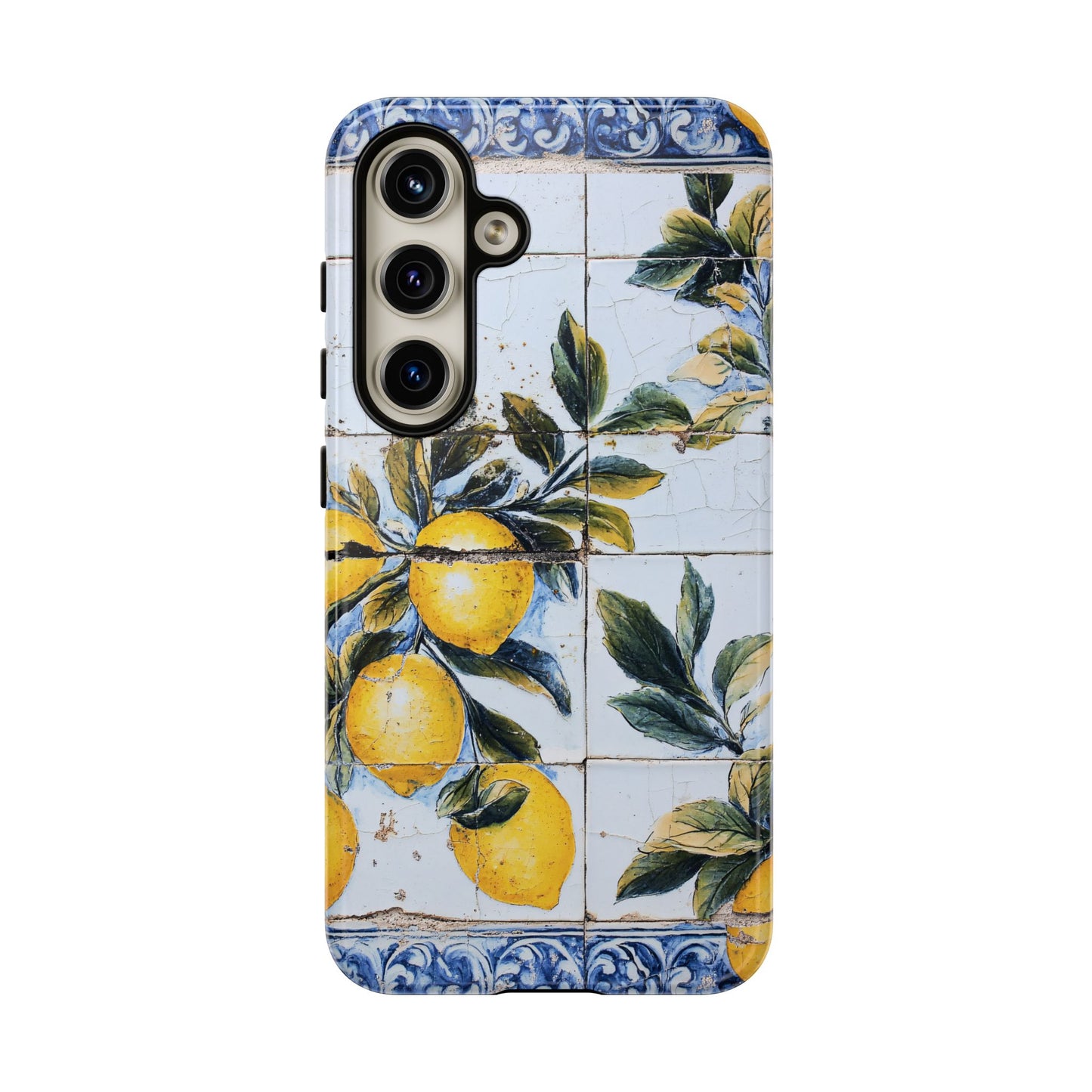 Phone Case, Coastal Tough Case With Lemons in Distressed Ceramic Tile Design, Protective Cover, Summer Accessory, Mediterranean Style iPhone