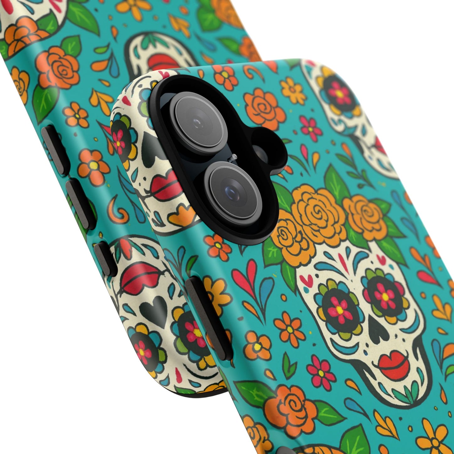 Teal Mexican Style Phone Cases With Floral Skulls - Dia De Los Muertos