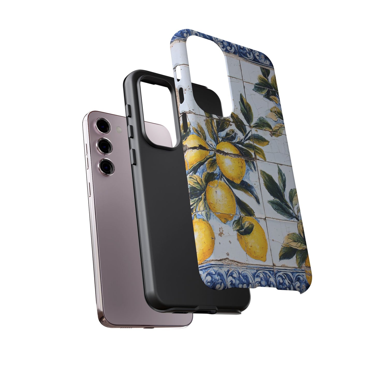 Phone Case, Coastal Tough Case With Lemons in Distressed Ceramic Tile Design, Protective Cover, Summer Accessory, Mediterranean Style iPhone
