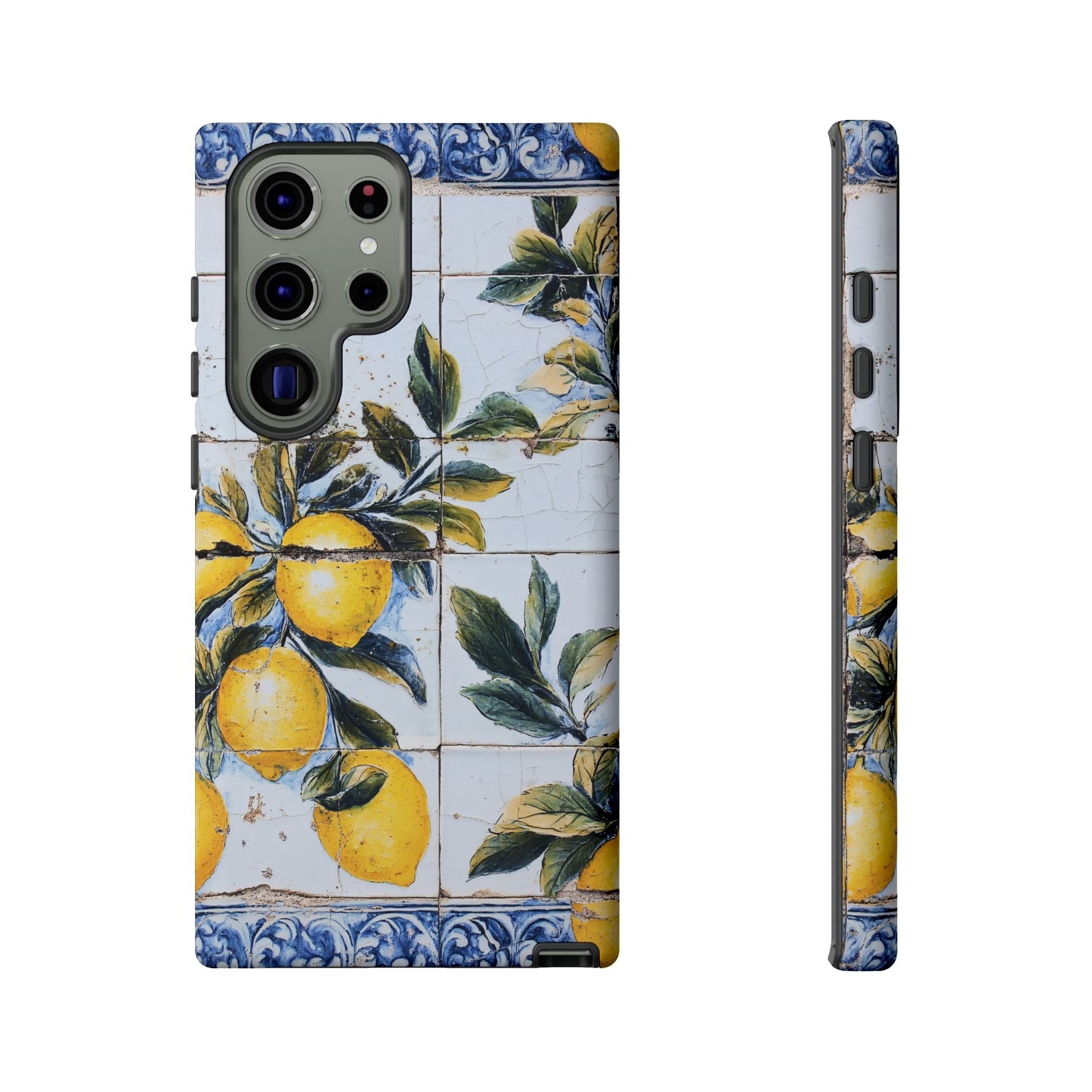 Phone Case, Coastal Tough Case With Lemons in Distressed Ceramic Tile Design, Protective Cover, Summer Accessory, Mediterranean Style iPhone