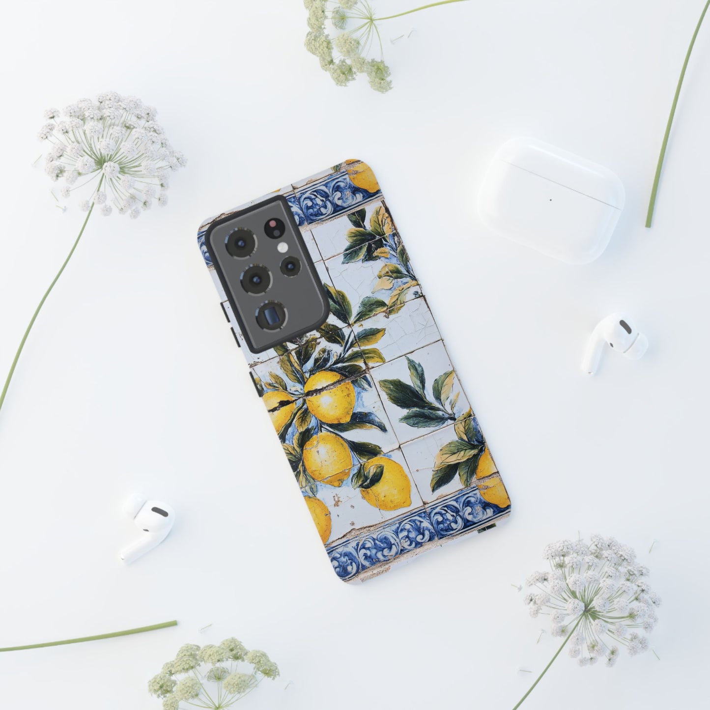 Phone Case, Coastal Tough Case With Lemons in Distressed Ceramic Tile Design, Protective Cover, Summer Accessory, Mediterranean Style iPhone