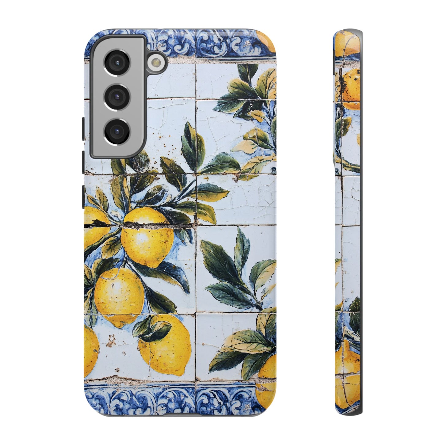 Phone Case, Coastal Tough Case With Lemons in Distressed Ceramic Tile Design, Protective Cover, Summer Accessory, Mediterranean Style iPhone