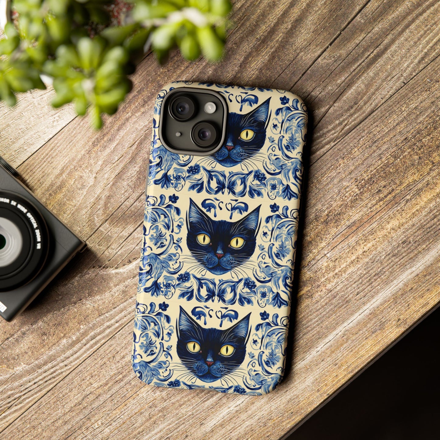 Tough Phone Case - Mediterranean Tile Motif With Blue Cats
