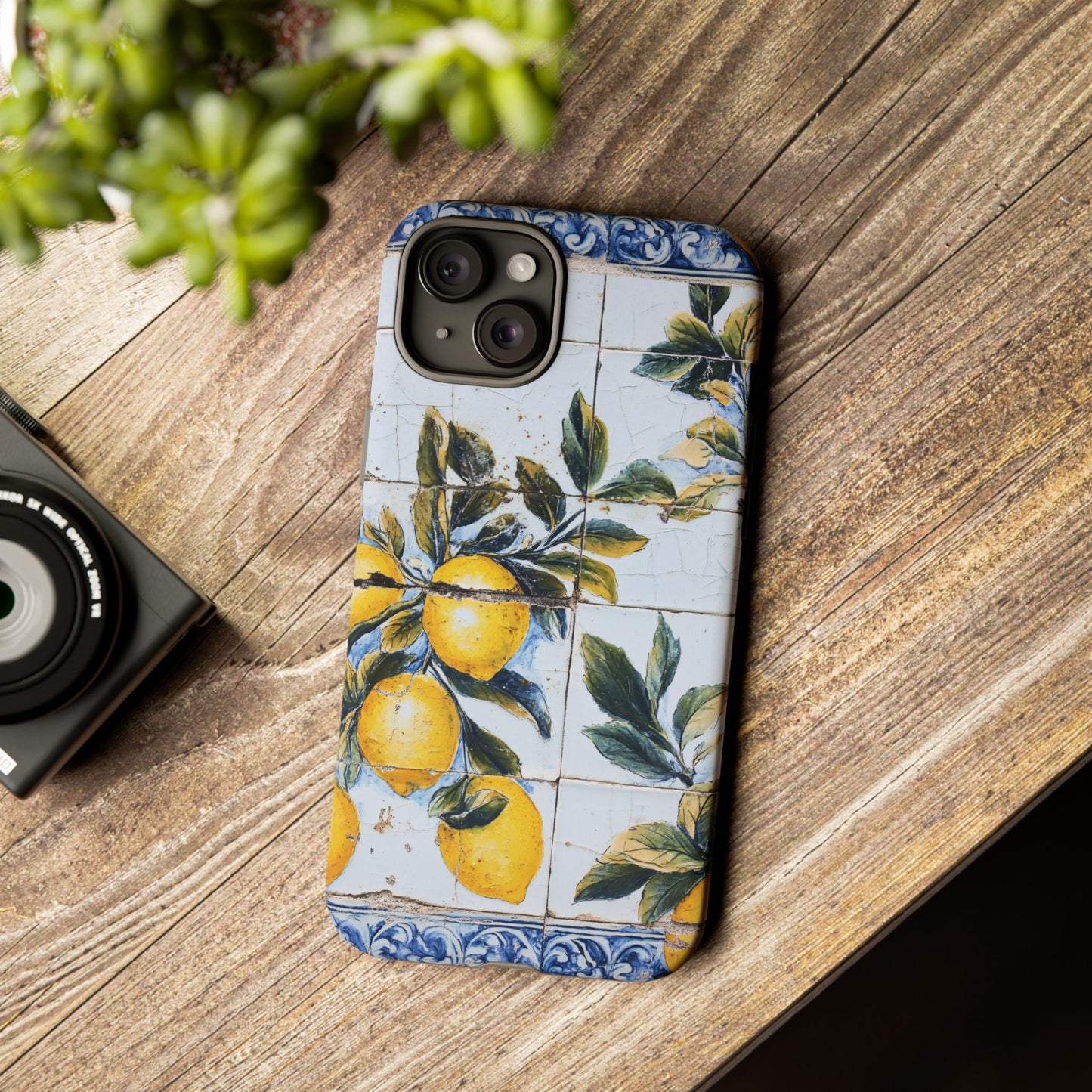 Phone Case, Coastal Tough Case With Lemons in Distressed Ceramic Tile Design, Protective Cover, Summer Accessory, Mediterranean Style iPhone