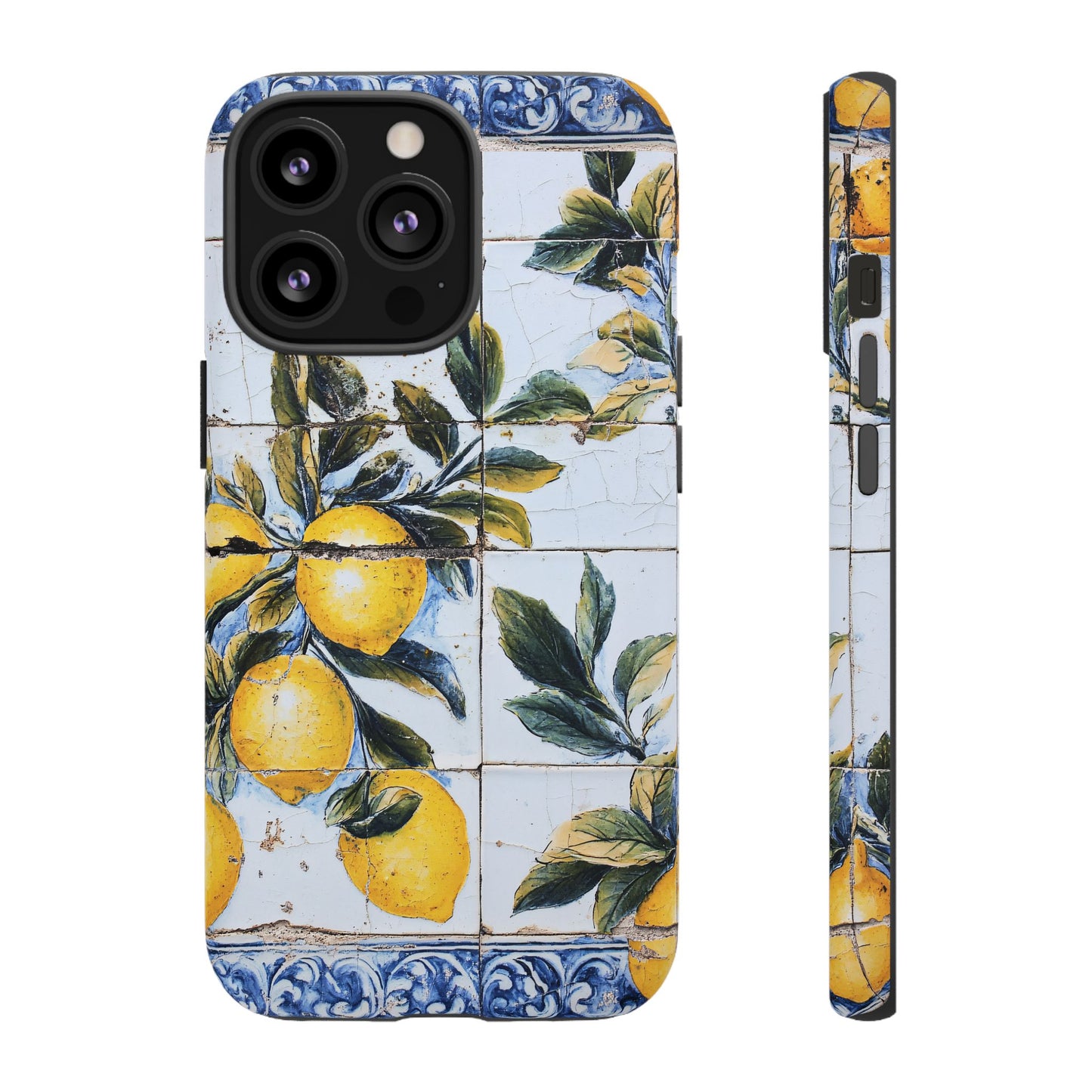 Phone Case, Coastal Tough Case With Lemons in Distressed Ceramic Tile Design, Protective Cover, Summer Accessory, Mediterranean Style iPhone