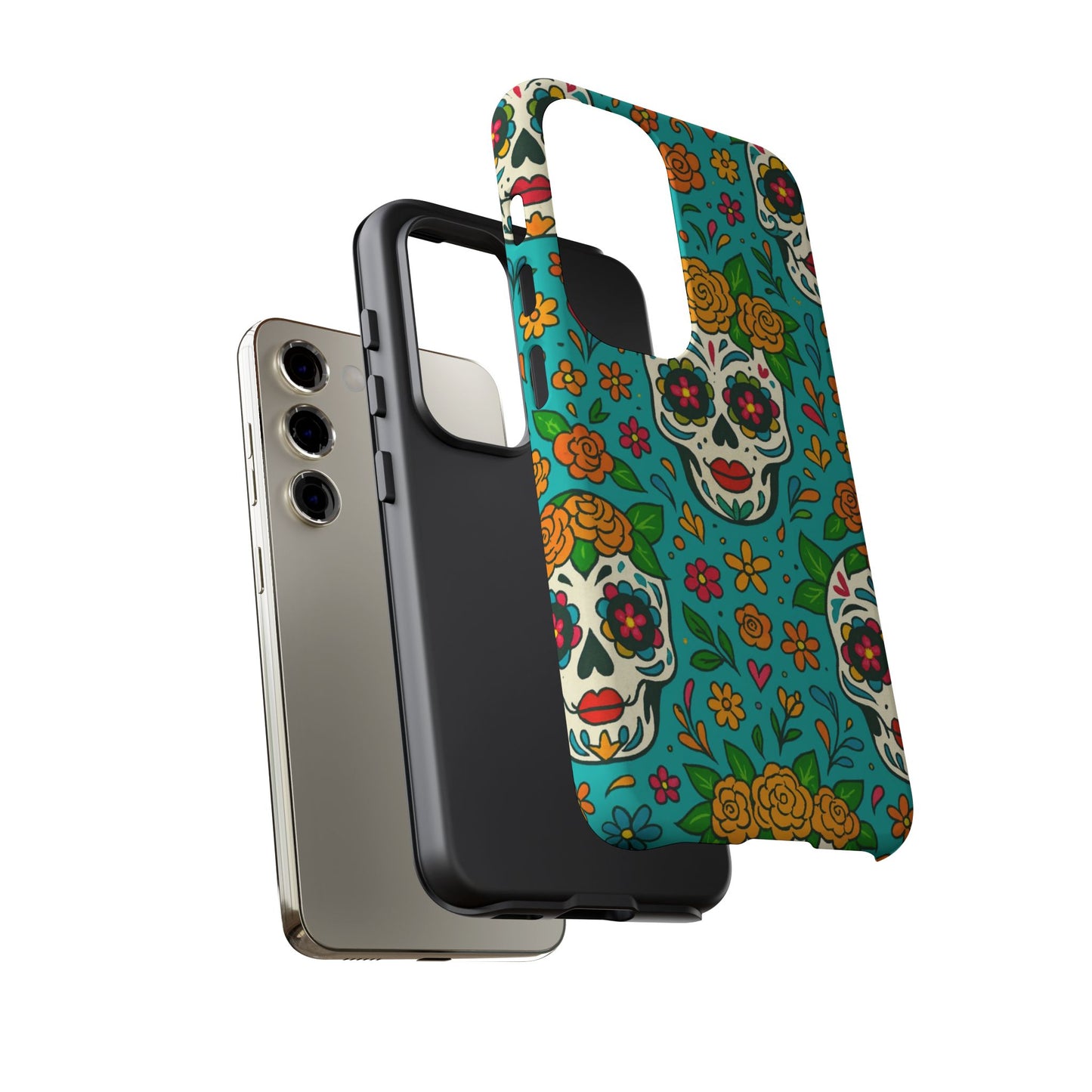 Teal Mexican Style Phone Cases With Floral Skulls - Dia De Los Muertos