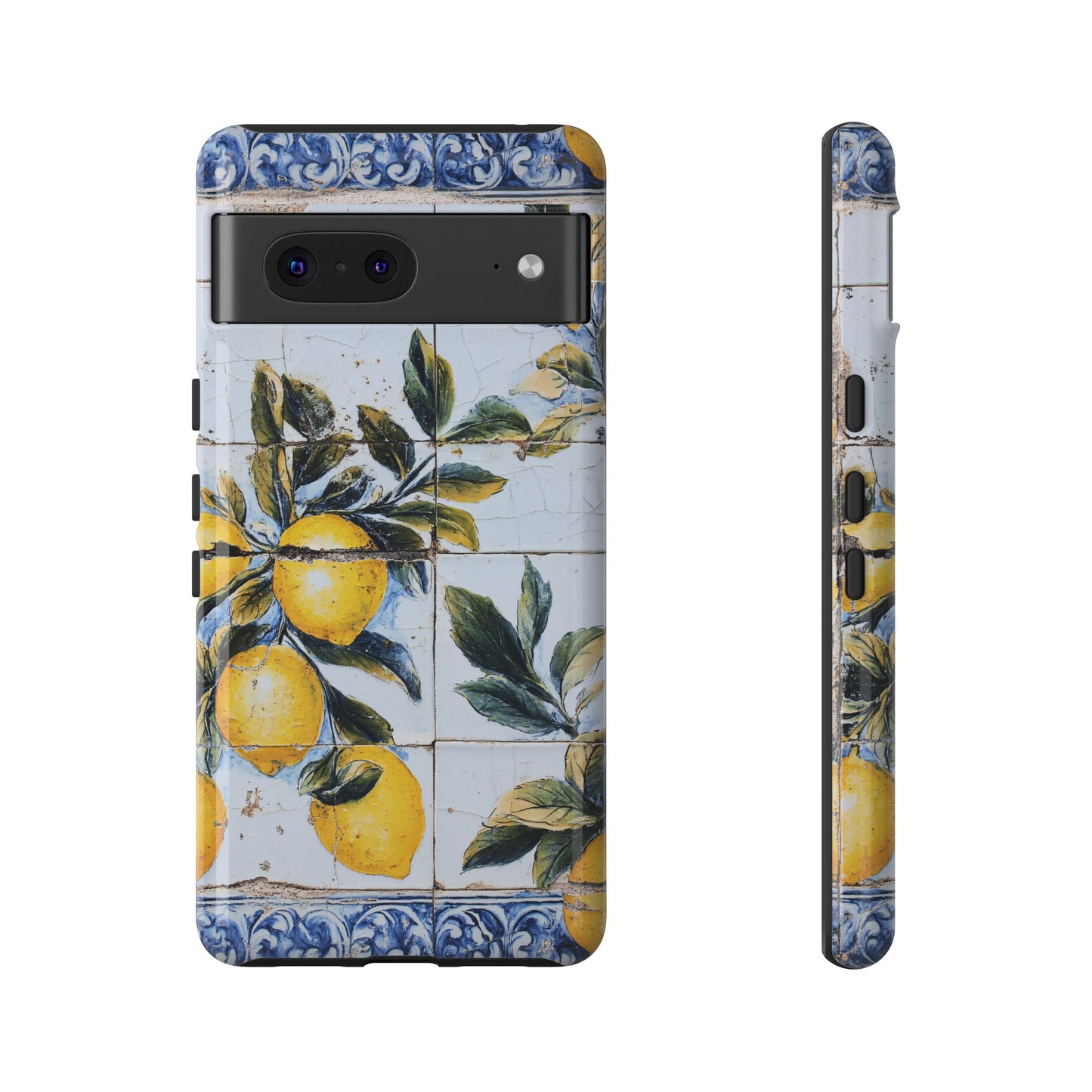 Phone Case, Coastal Tough Case With Lemons in Distressed Ceramic Tile Design, Protective Cover, Summer Accessory, Mediterranean Style iPhone