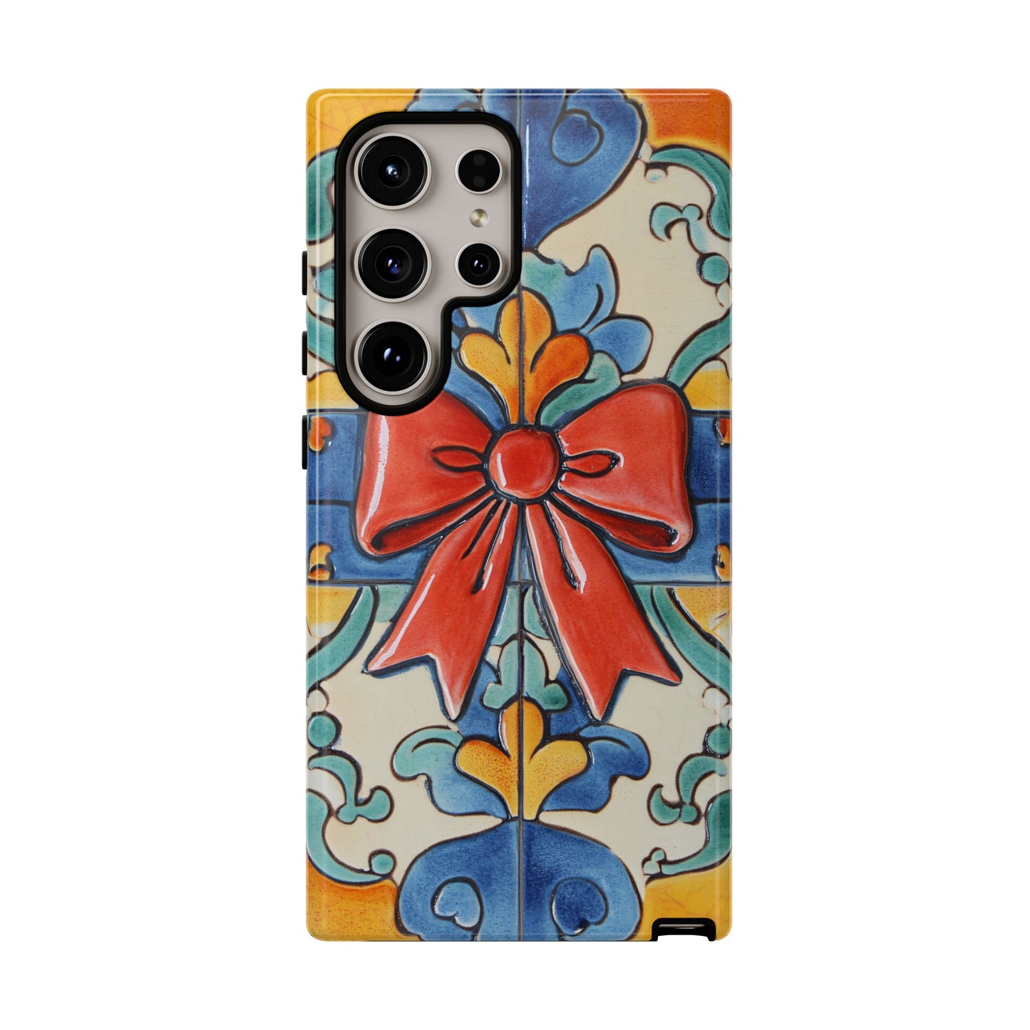 Colourful Ceramic Tile Design Phone Case With Red Bow