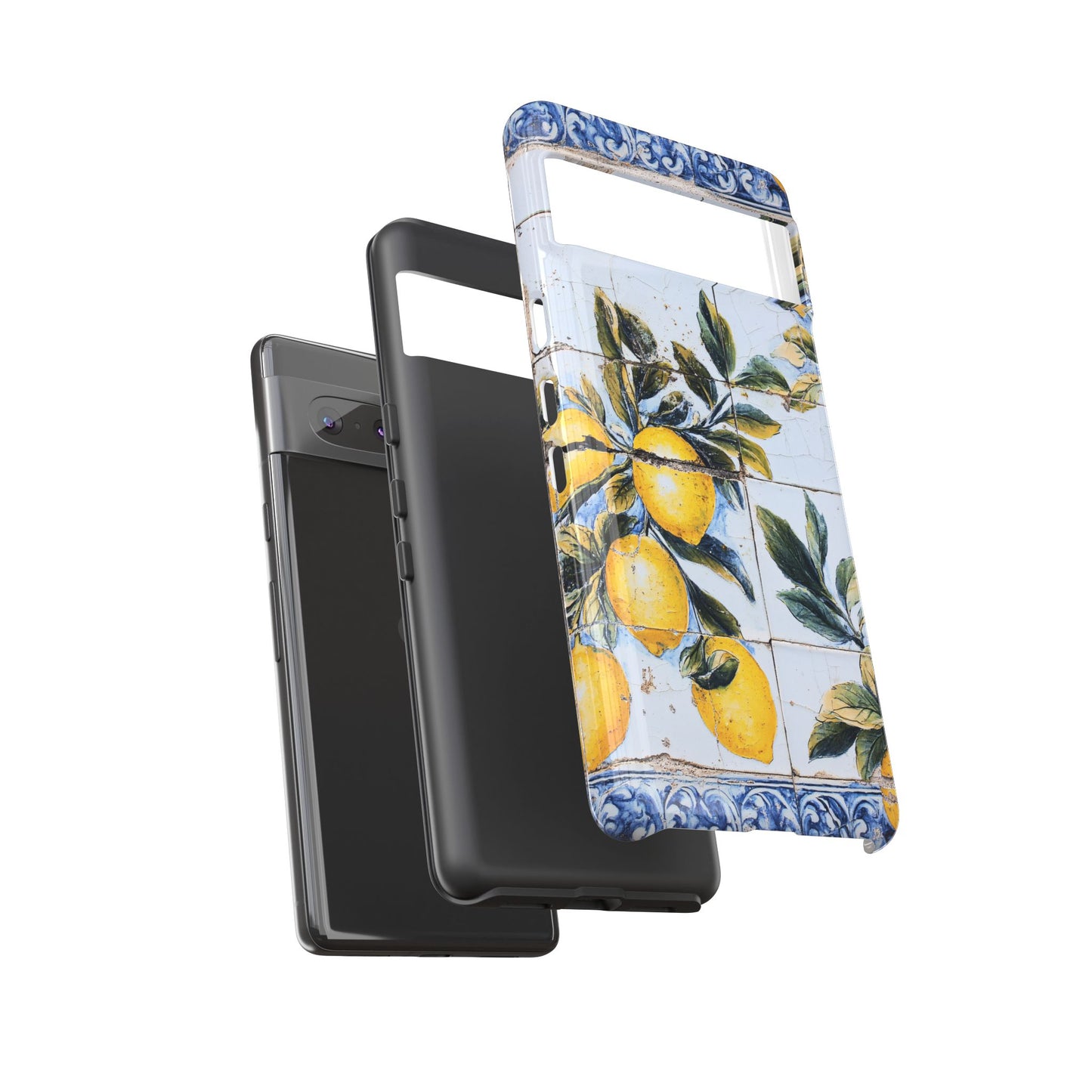 Phone Case, Coastal Tough Case With Lemons in Distressed Ceramic Tile Design, Protective Cover, Summer Accessory, Mediterranean Style iPhone