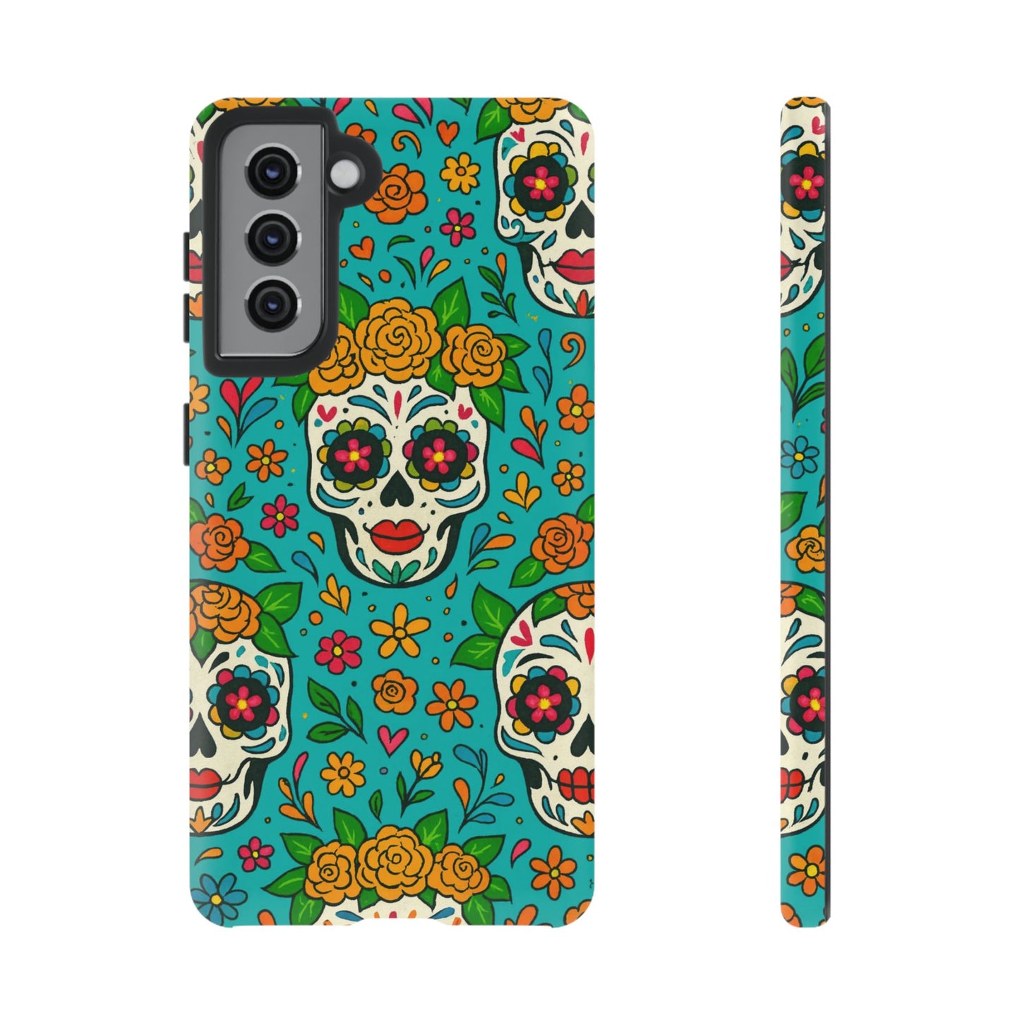Teal Mexican Style Phone Cases With Floral Skulls - Dia De Los Muertos