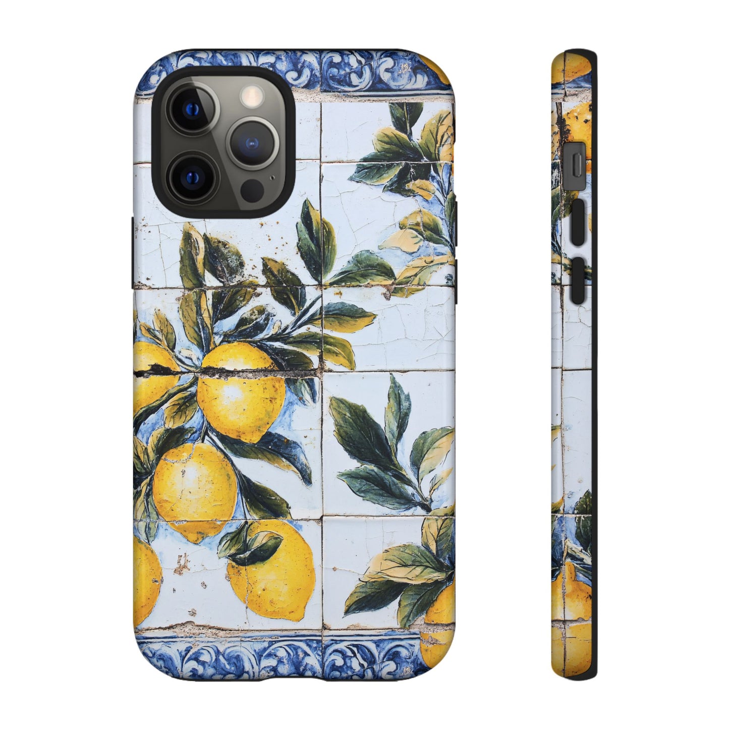 Phone Case, Coastal Tough Case With Lemons in Distressed Ceramic Tile Design, Protective Cover, Summer Accessory, Mediterranean Style iPhone