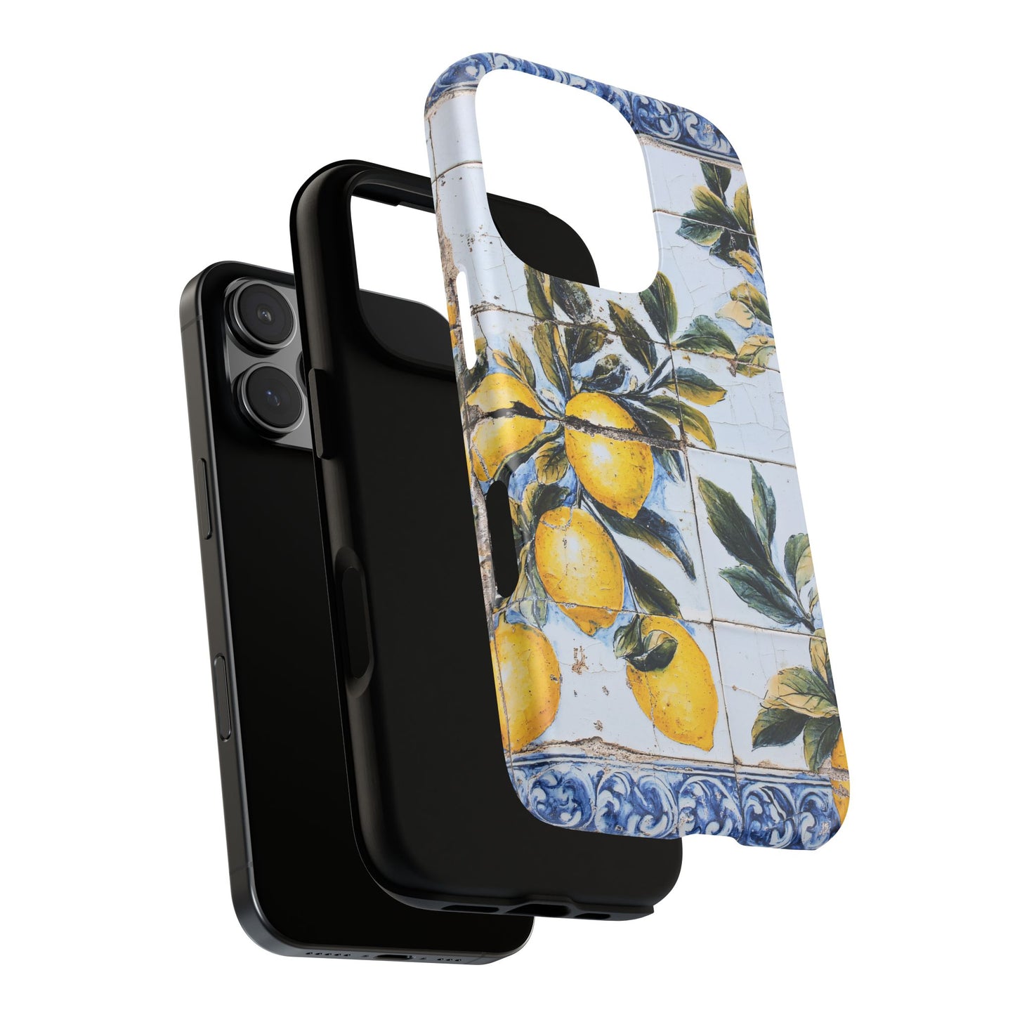 Phone Case, Coastal Tough Case With Lemons in Distressed Ceramic Tile Design, Protective Cover, Summer Accessory, Mediterranean Style iPhone