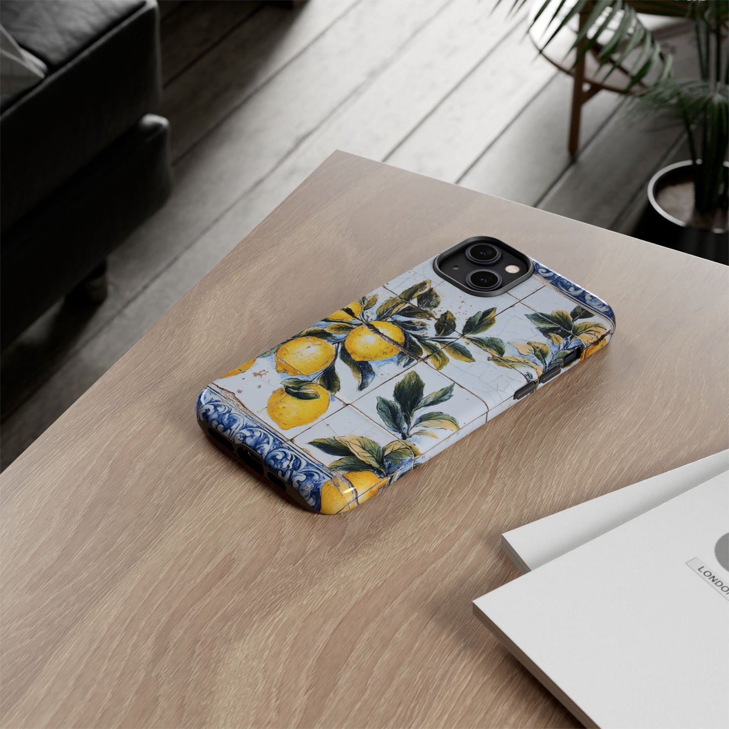 Phone Case, Coastal Tough Case With Lemons in Distressed Ceramic Tile Design, Protective Cover, Summer Accessory, Mediterranean Style iPhone